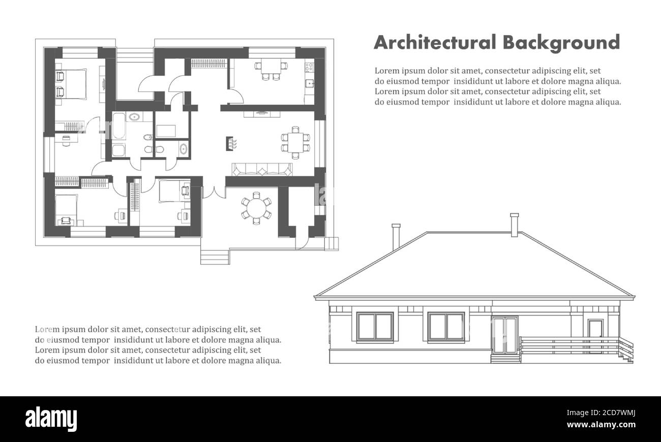 Architekturhintergrund. Teil des Architekturprojekts, Bauplan und Fassade eines Wohngebäudes. Schwarz-Weiß-Vektor Stock Vektor