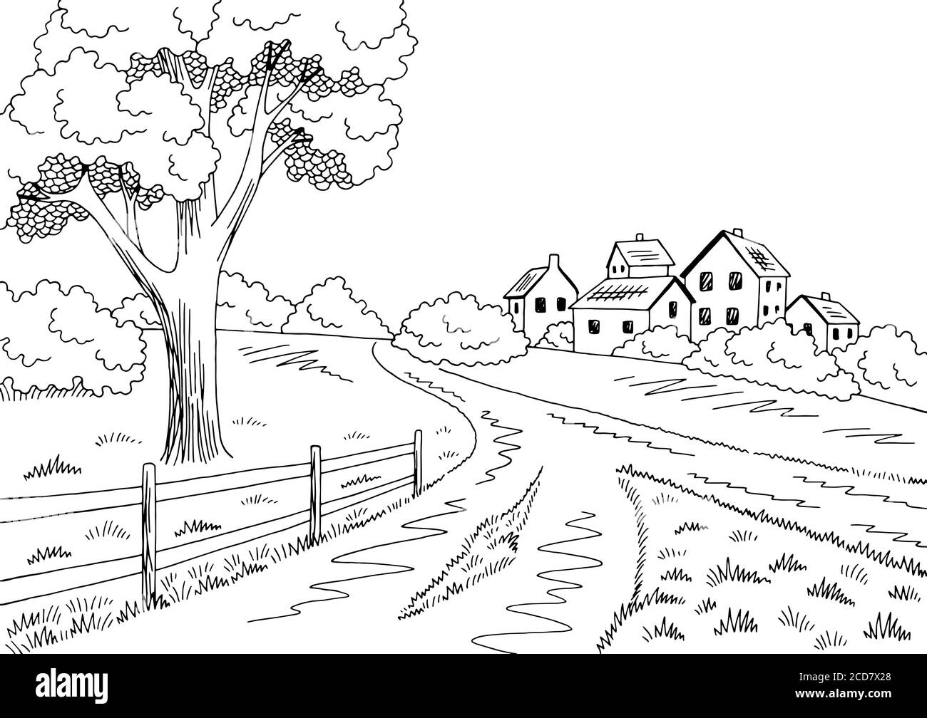 Ländliche Straße Grafik schwarz weiß Dorf Landschaft Skizze Illustration Vektor Stock Vektor