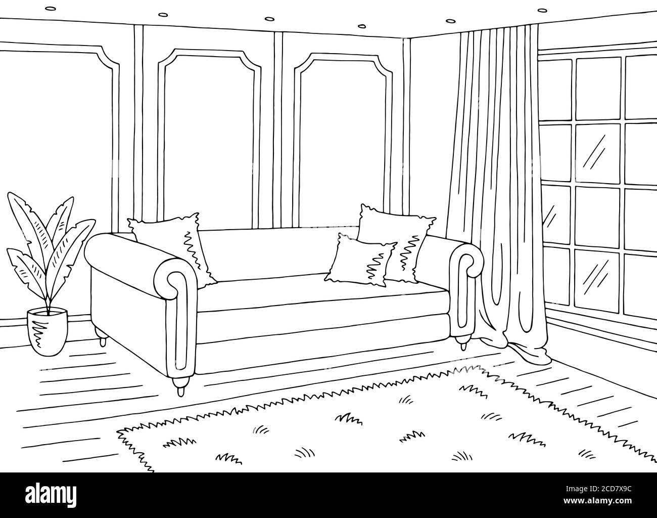 Wohnzimmer Grafik schwarz weiß Hause klassisch Interieur Skizze Illustration vektor Stock Vektor