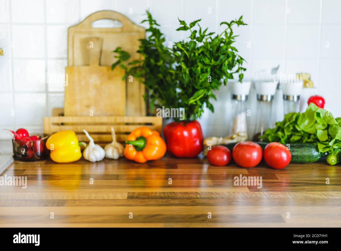 Küchentisch, gesunde Ernährung Hintergrund Stockfoto