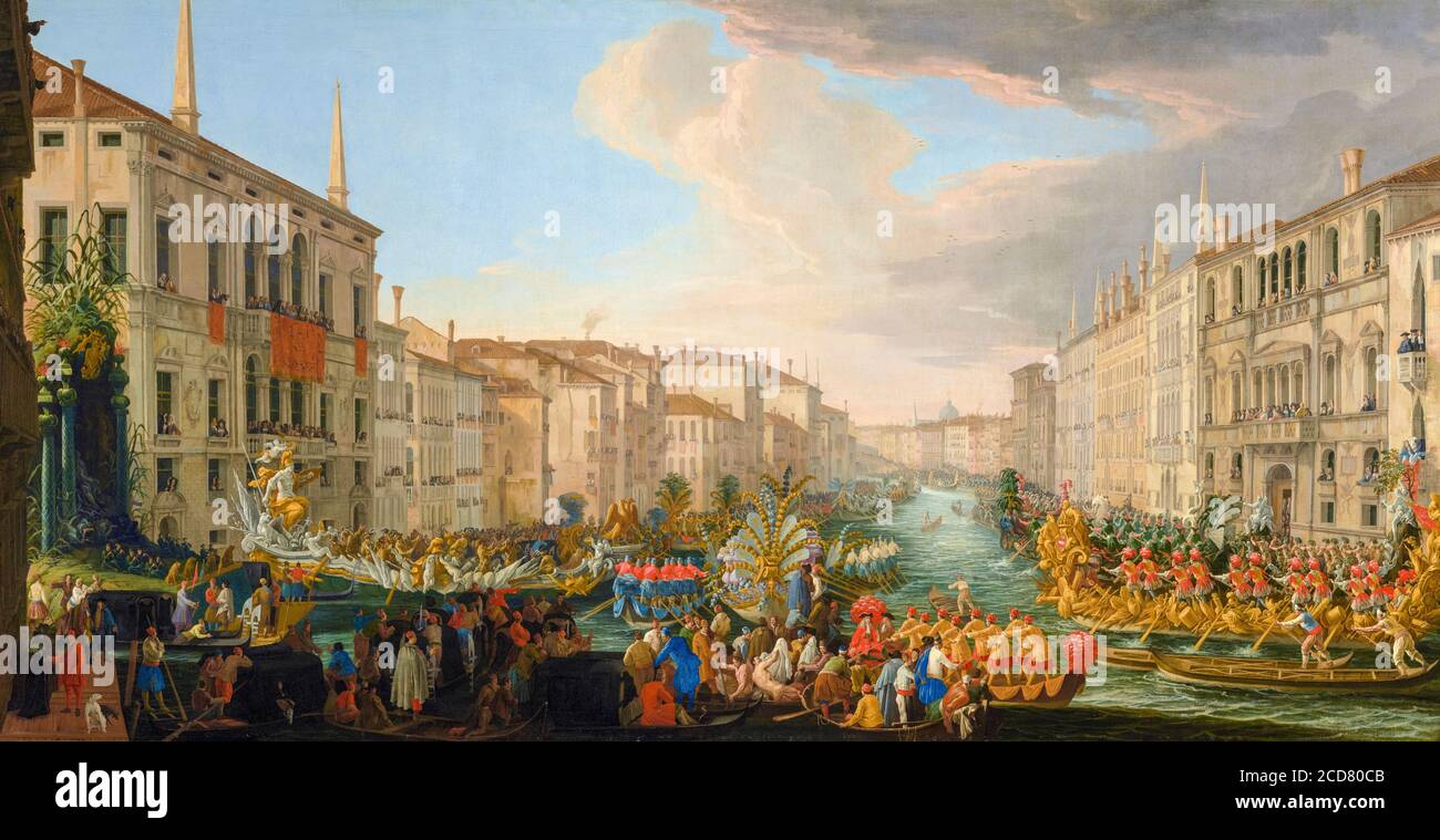 Regatta auf dem Canal Grande (Venedig, Italien) zu Ehren von Friedrich IV., König von Dänemark, Gemälde von Luca Carlevarijs, 1711 Stockfoto