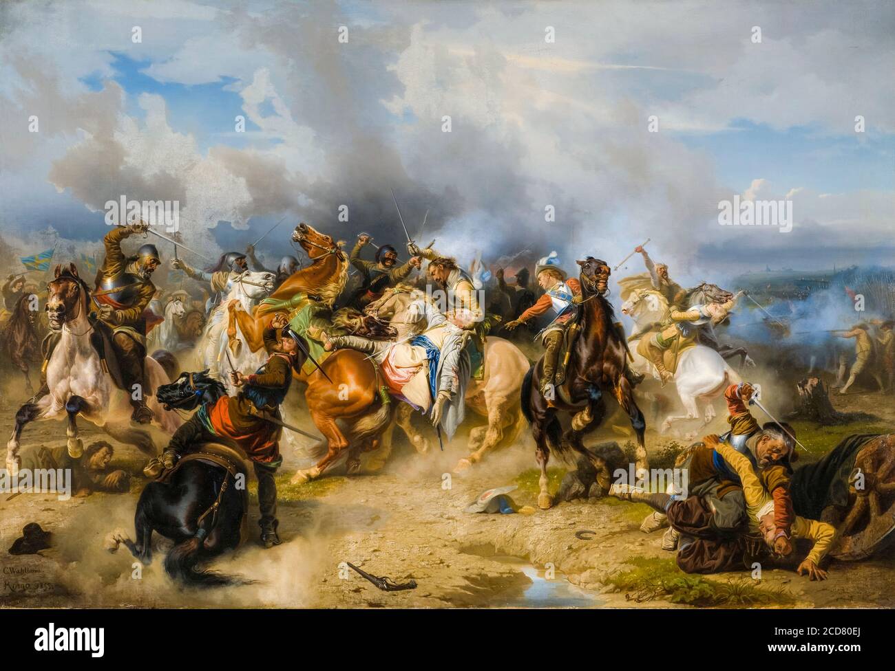 Tod von Gustav II Adolf (1594-1632), König von Schweden bei der Schlacht von Lützen, 16. November 1632, Gemälde von Carl Wahlbom, 1855 Stockfoto