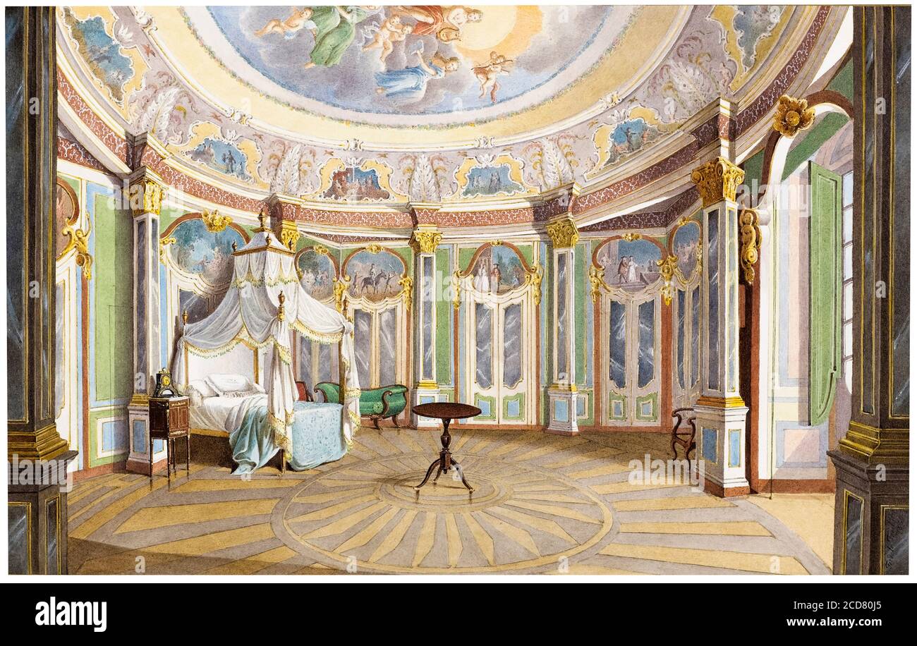 Schlafzimmer von König Pedro IV von Portugal (Kaiser Dom Pedro I. von Brasilien, 1798-1834), im Palast von Queluz, Zeichnung von Ferdinand le Feubure, 1850 Stockfoto