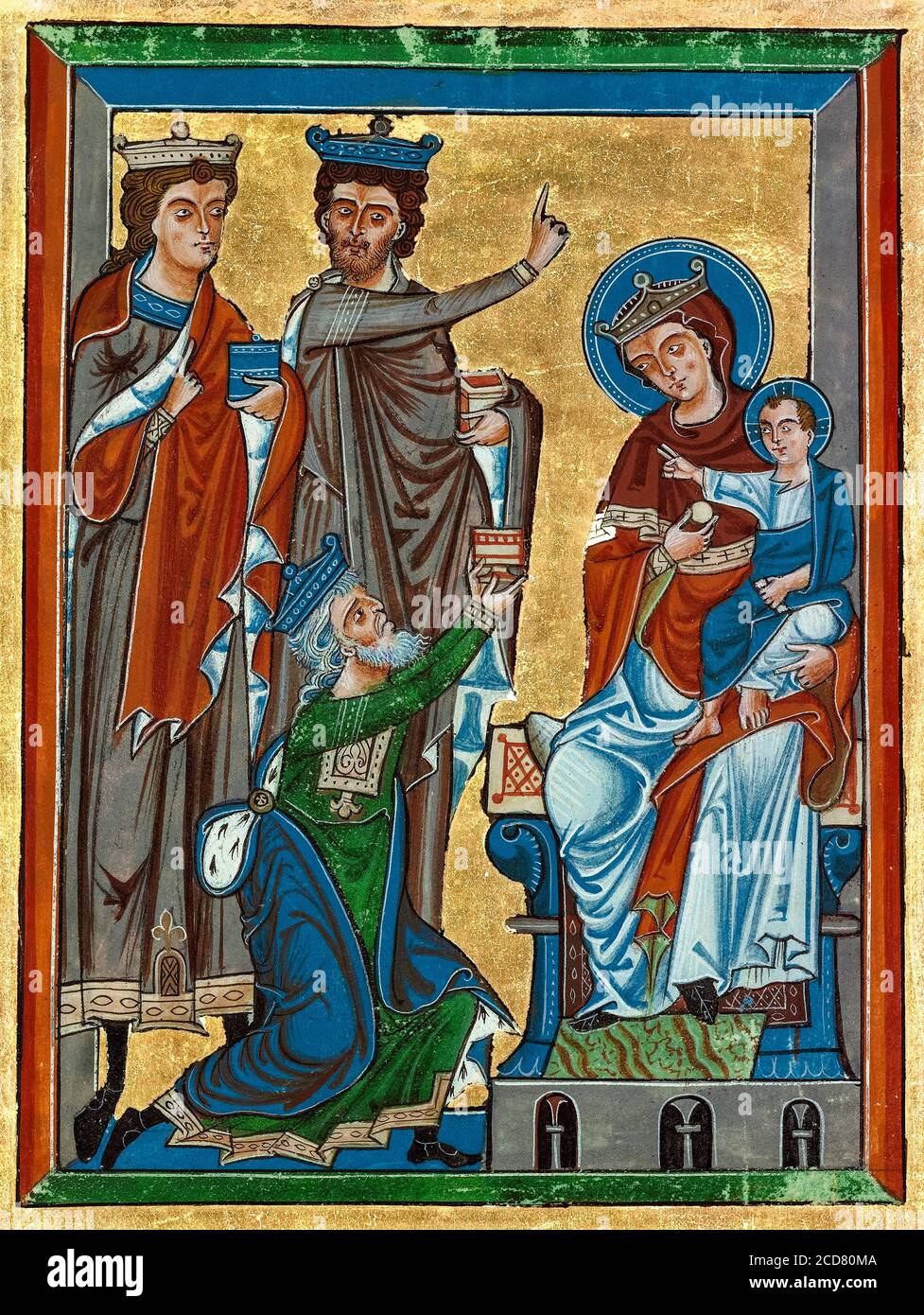 Die Anbetung der Könige aus einem Psalter aus dem 13. Jahrhundert, illuminierte Handschrift um 1240 Stockfoto