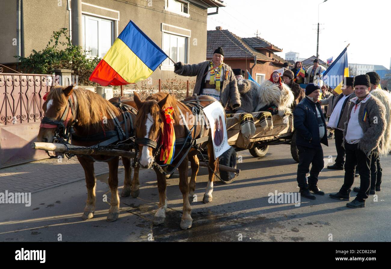 Alba Iulia, Rumänien - 01.12.2018: Mann in traditioneller Kleidung mit rumänischer Flagge auf einer Pferdekutsche Stockfoto