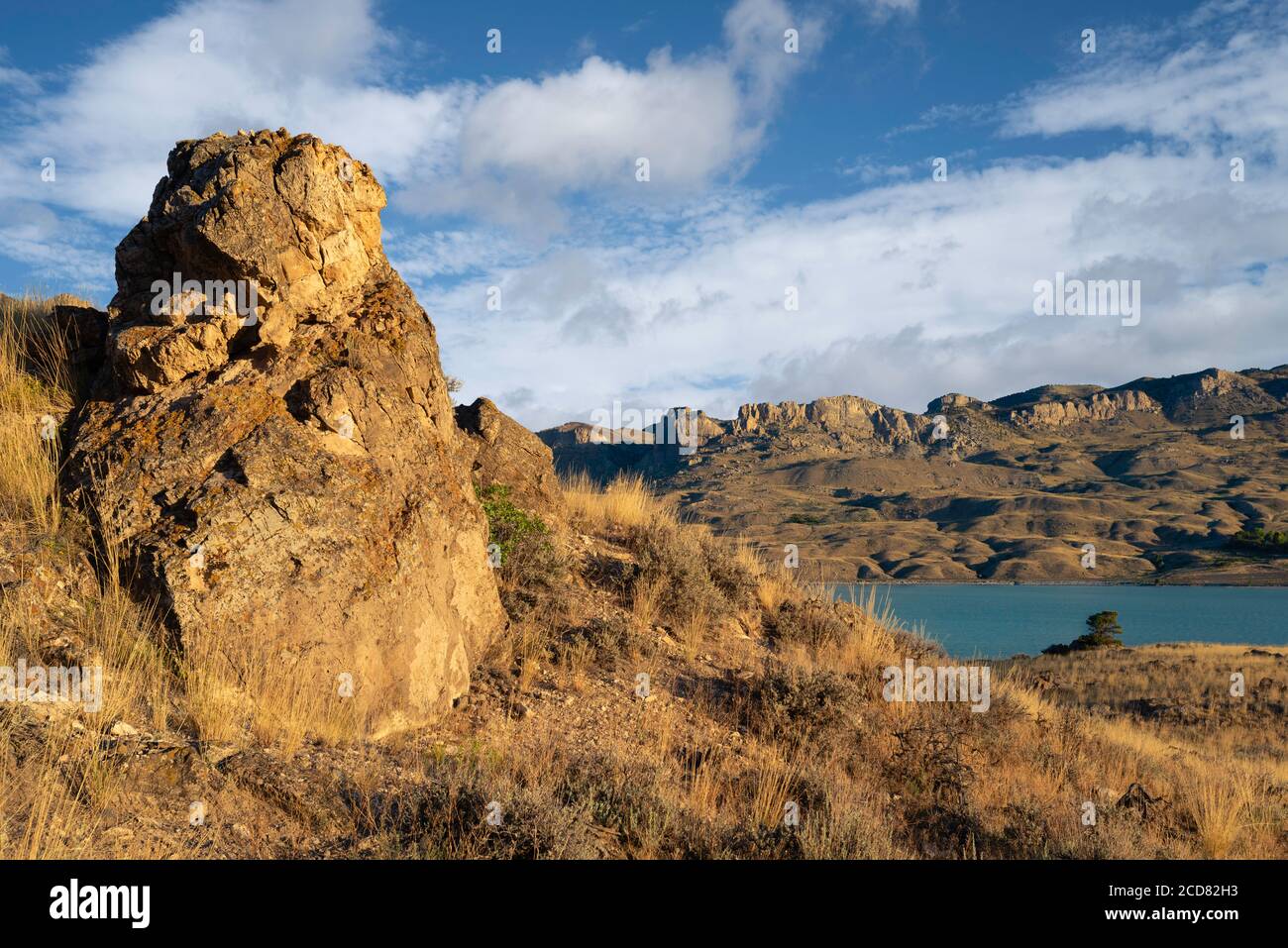 Zerklüftete Landschaft des Buffalo Bill Nationalparks mit Shoshone Fluss und Ausläufern der Rocky Mountains am Horizont im Sommer in der Nähe von Cody, Wyoming, USA. Stockfoto