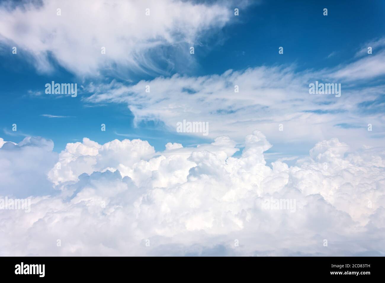 Panoramablick auf flauschige Cumulus-Gewitterwolken und Cirrus auf einem Sommertag aus der Höhe des Flugzeugs Stockfoto