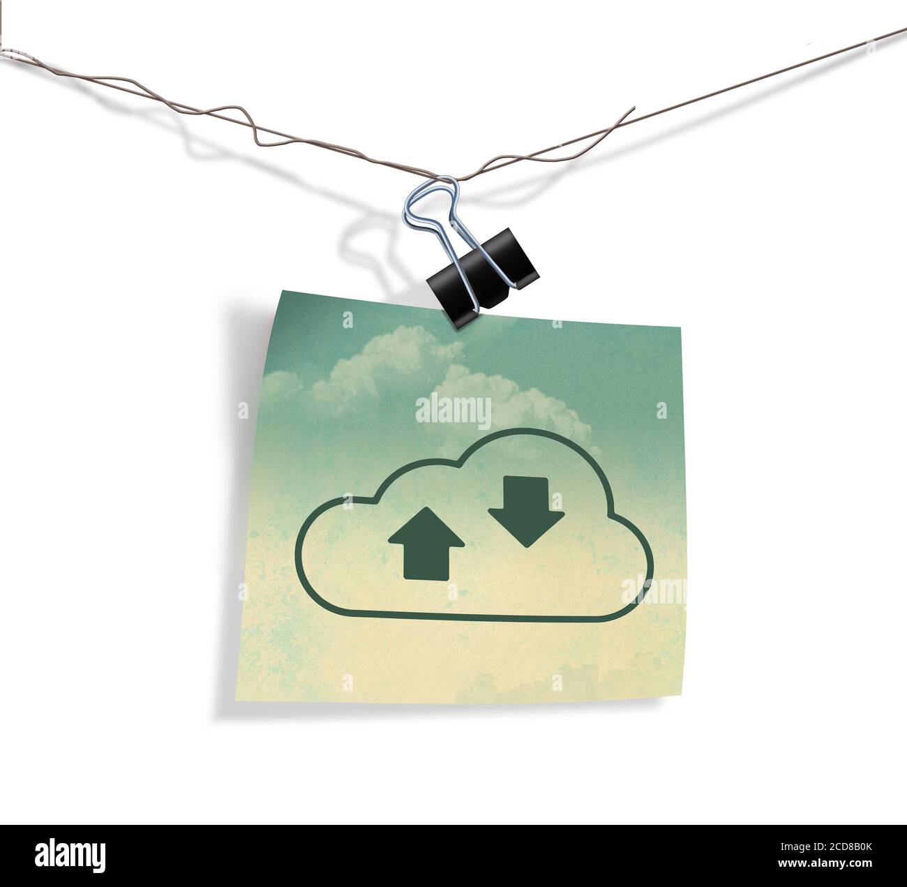 In dieser Illustration über Internet-Cloud-Dienste hängt ein Cloud-Symbol auf einem Stück grunge-gedecktem Papier an einem Draht einer Papierklammer. Stockfoto