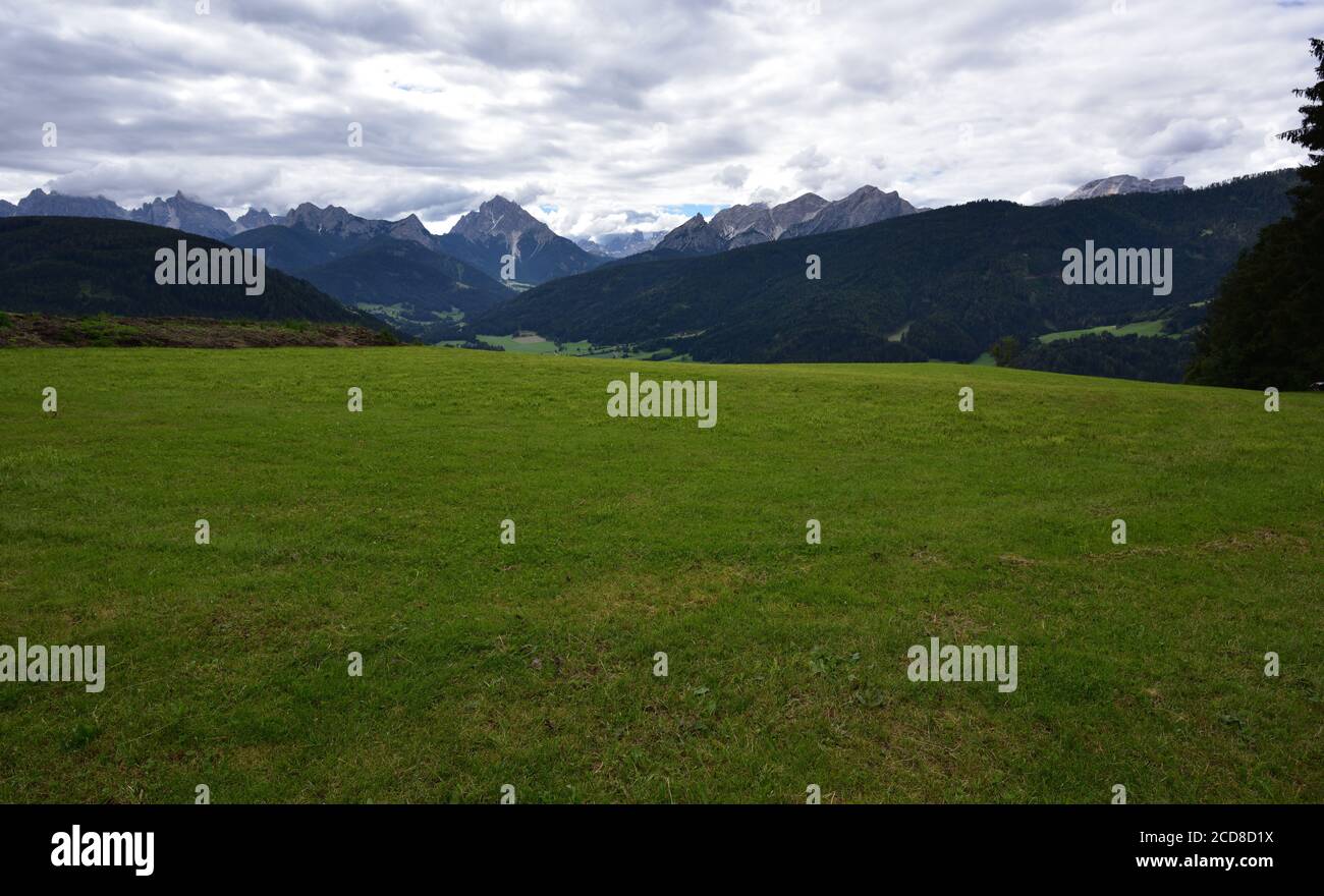 Große Alm vor Dolomitengipfeln wie Croda dei Baranci und Croda del Becco Stockfoto