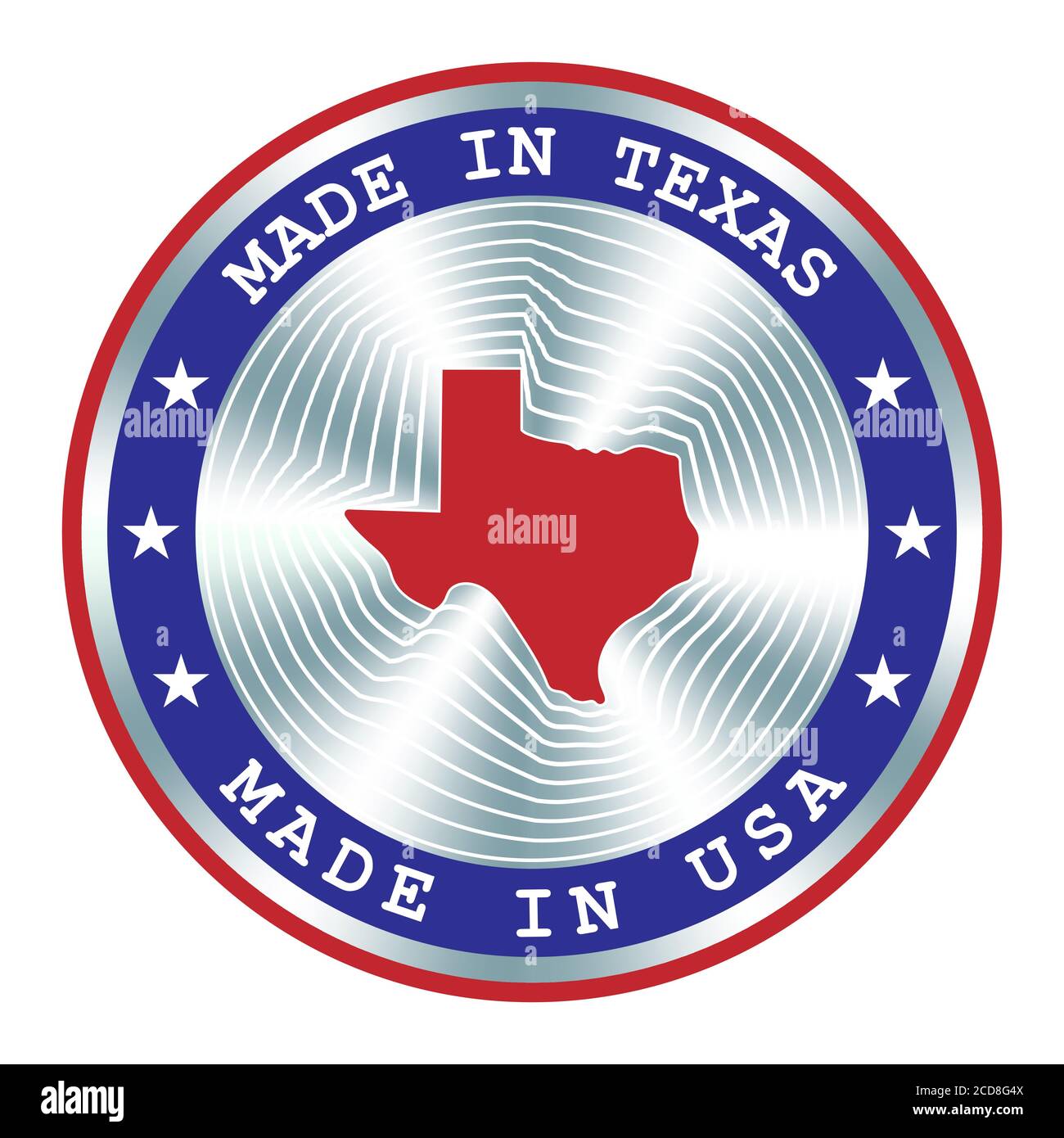 Hergestellt in Texas lokale Produktion Schild, Aufkleber, Siegel, Stempel. Rundes Hologramm-Schild für Etikettendesign und nationale Vermarktung Stock Vektor