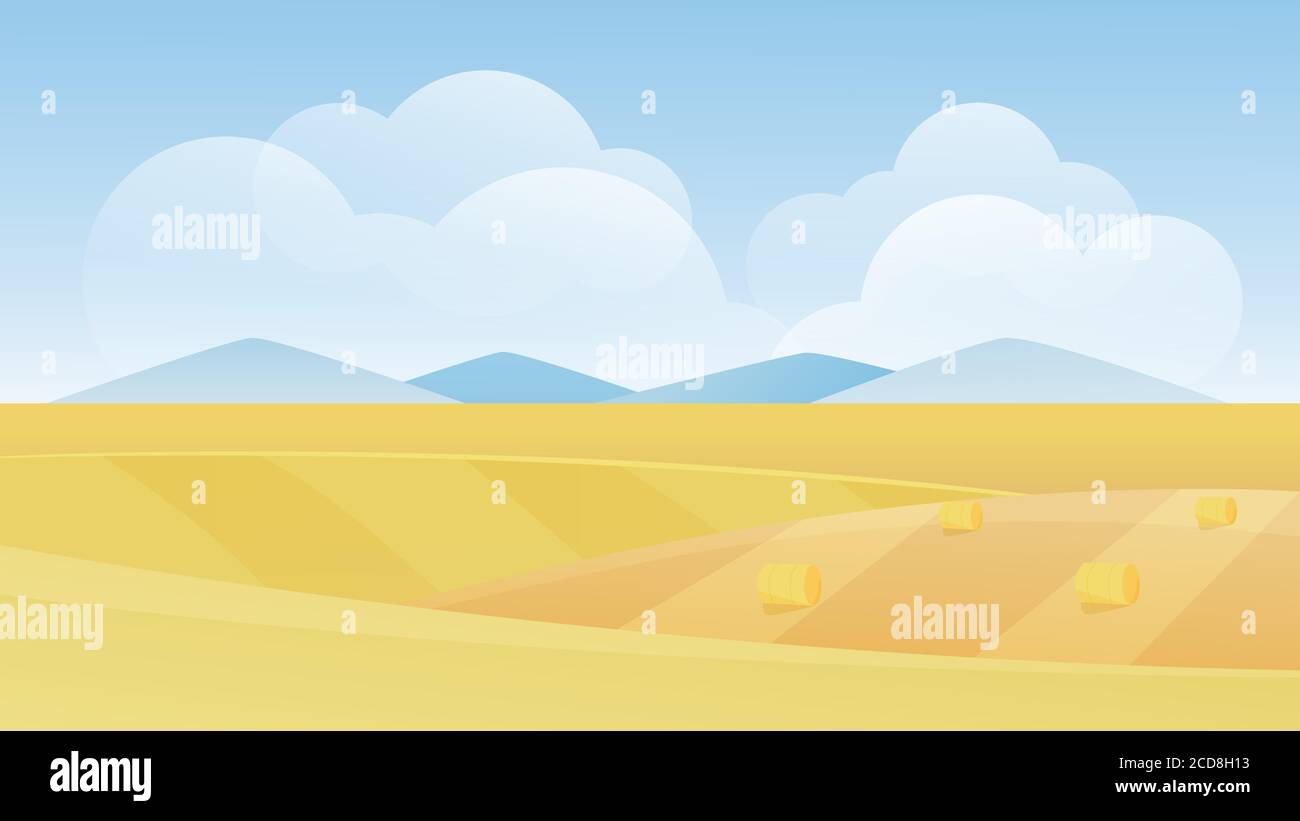 Herbst Bauernhof Landschaft Vektor Illustration. Cartoon flache herbstliche ländliche Landschaft mit Ackerland gelbe Felder auf Hügeln und Heuballen, trockene Heuhaufen, Naturszene, Land landwirtschaftlichen Hintergrund Stock Vektor
