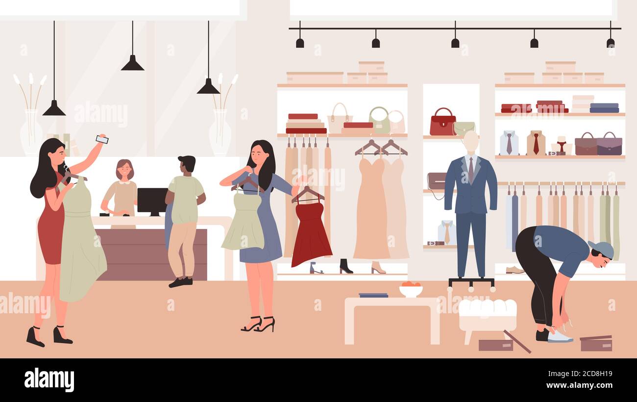 Menschen einkaufen in Bekleidungsgeschäft Vektor-Illustration. Cartoon Wohnung Mann Frau Kunden Figuren stehen und versuchen neue Mode Casual Kleid Kleidung in Boutique oder Shop Showroom Innenraum Hintergrund Stock Vektor