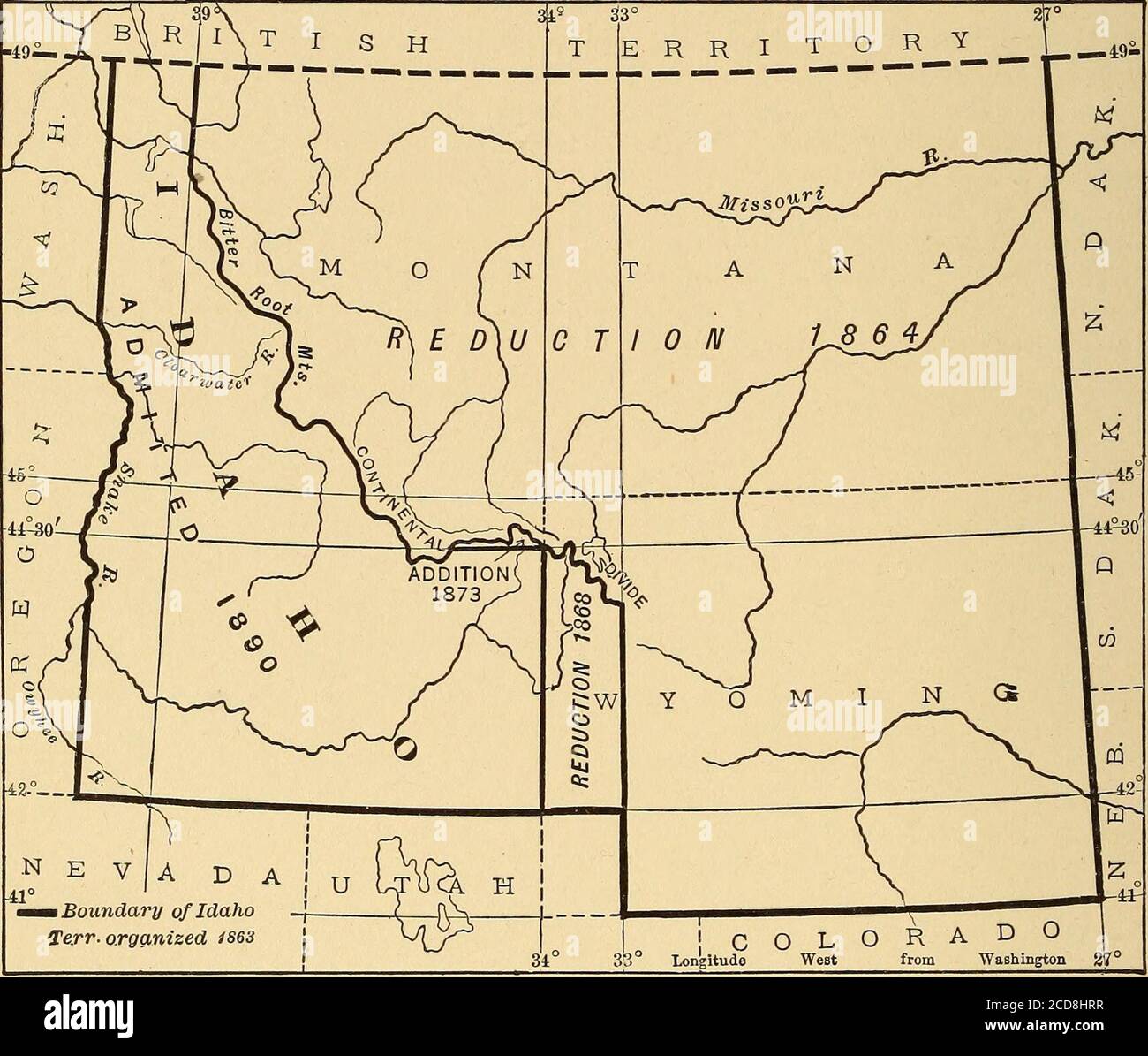 . Cyclopedia der amerikanischen Regierung . Geschichte von Massachusetts Bay von 17^9 bis 1774(1828), III, 256, ff..; P. O. Hutchinson, Ed., Tagebuch und Briefe seiner Exzellenz Thomas Hutchinson (1886-1888) ; John Fiskc, Essays Historical and Literary (1902), I, 1-53. J. A. J. 137 IDAHO IDAHO. Das Gebiet, das jetzt im Bundesstaat Idaho umarmt wurde, wurde zuerst durch weiße Männer erforscht, als die Expedition von Lewis und Clarkkreuzte und es in 1805-06 recrossed. Die frühen Siedlungen von Pelzhändlern und MIS-sionären (1810 und 1834). Die Entdeckung vongold im Jahr 1860 führte zu einer dauerhaften Besiedlung. Apopulation von 14,999 in 1 Stockfoto