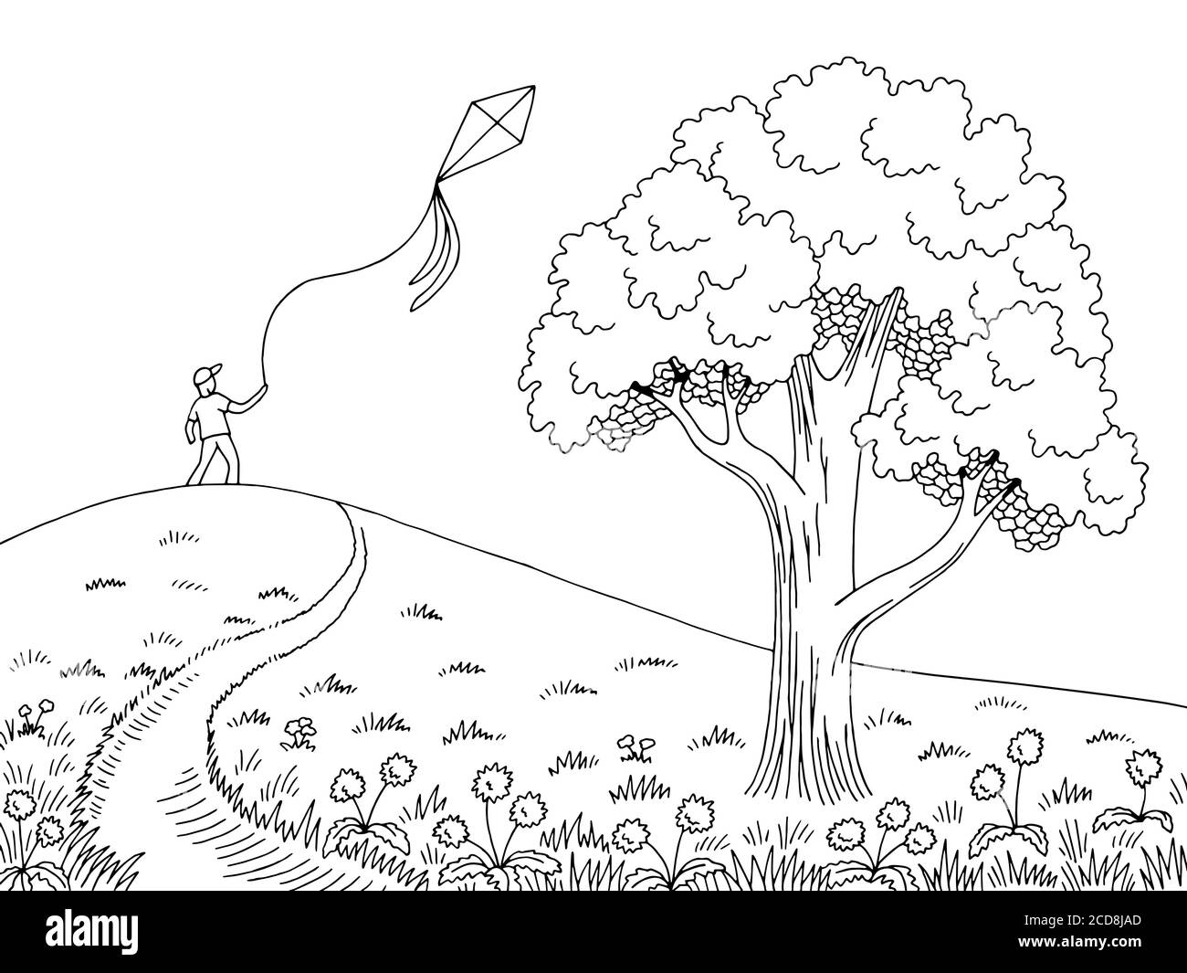 Junge spielen mit Drachen Grafik schwarz weiß Straßenbaum Landschaft Vektor der Skizzendarstellung Stock Vektor