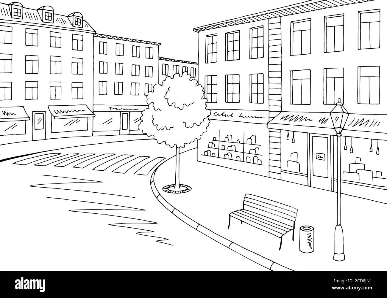 Straße Straße Grafik schwarz weiß Stadt Landschaft Skizze Illustration Vektor Stock Vektor