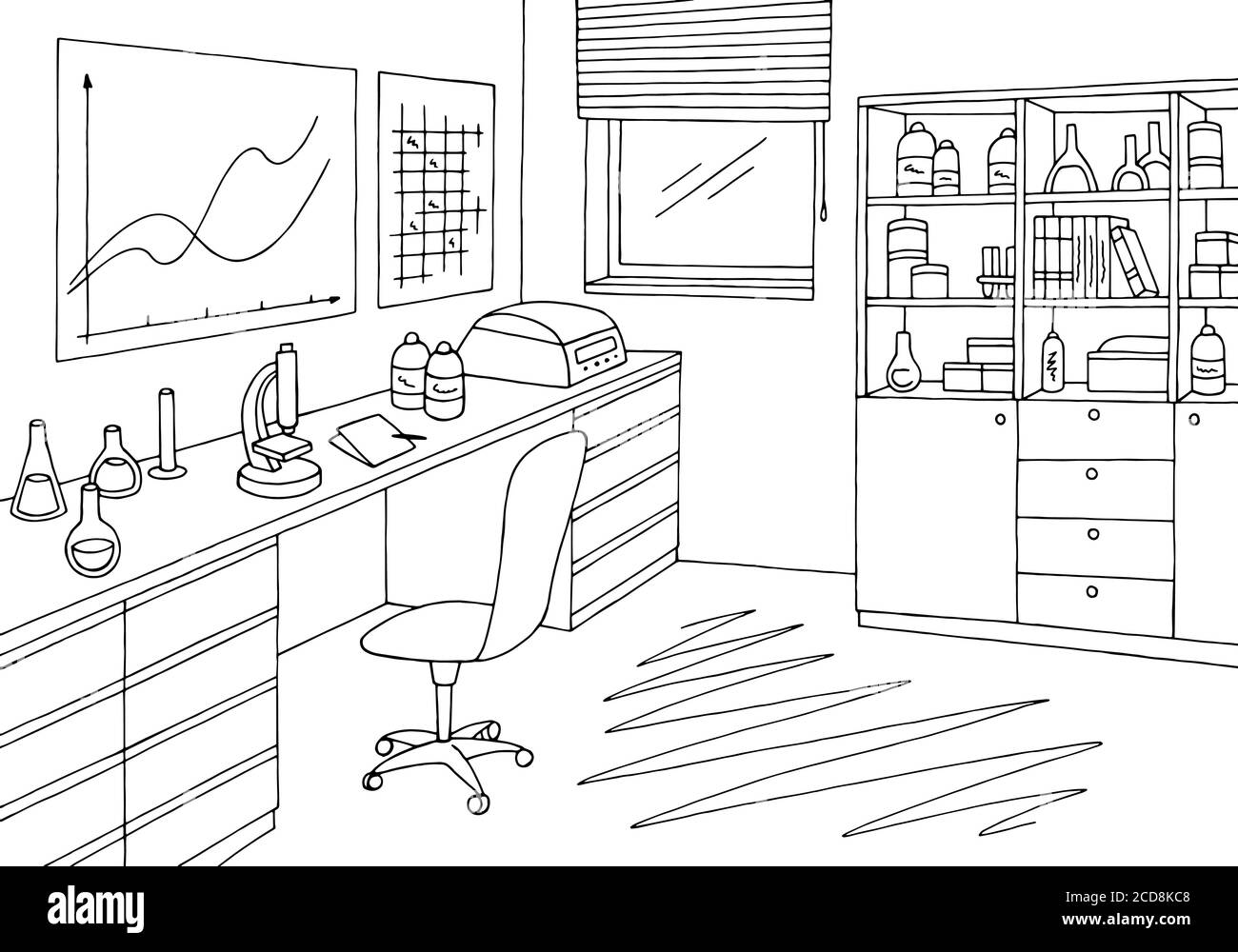 Labor Grafik schwarz weiß Innenraum Skizze Illustration Vektor Stock Vektor