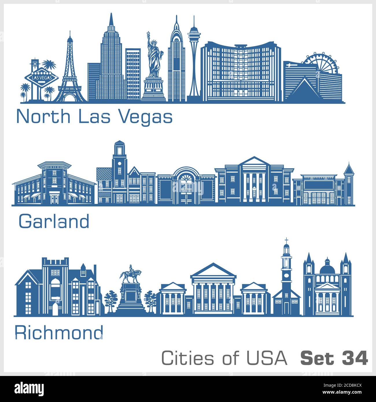 Städte der USA - North Las Vegas, Garland, Richmond. Detaillierte Architektur. Trendige Vektorgrafik. Stock Vektor
