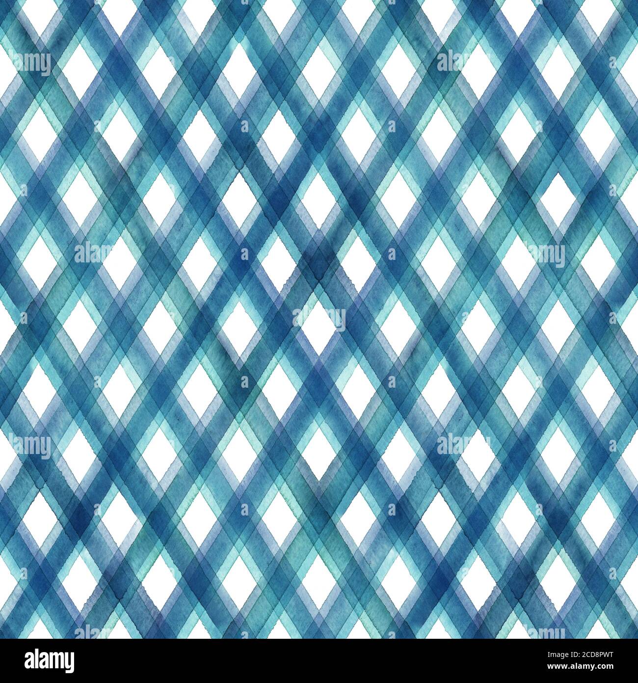 Aquarell Streifen diagonal karierten Nahtloses Muster. Blau blaugrün türkisfarbene Streifen auf weißem Hintergrund. Aquarell handgezeichnet gestreifte Textur. Drucken für Stockfoto