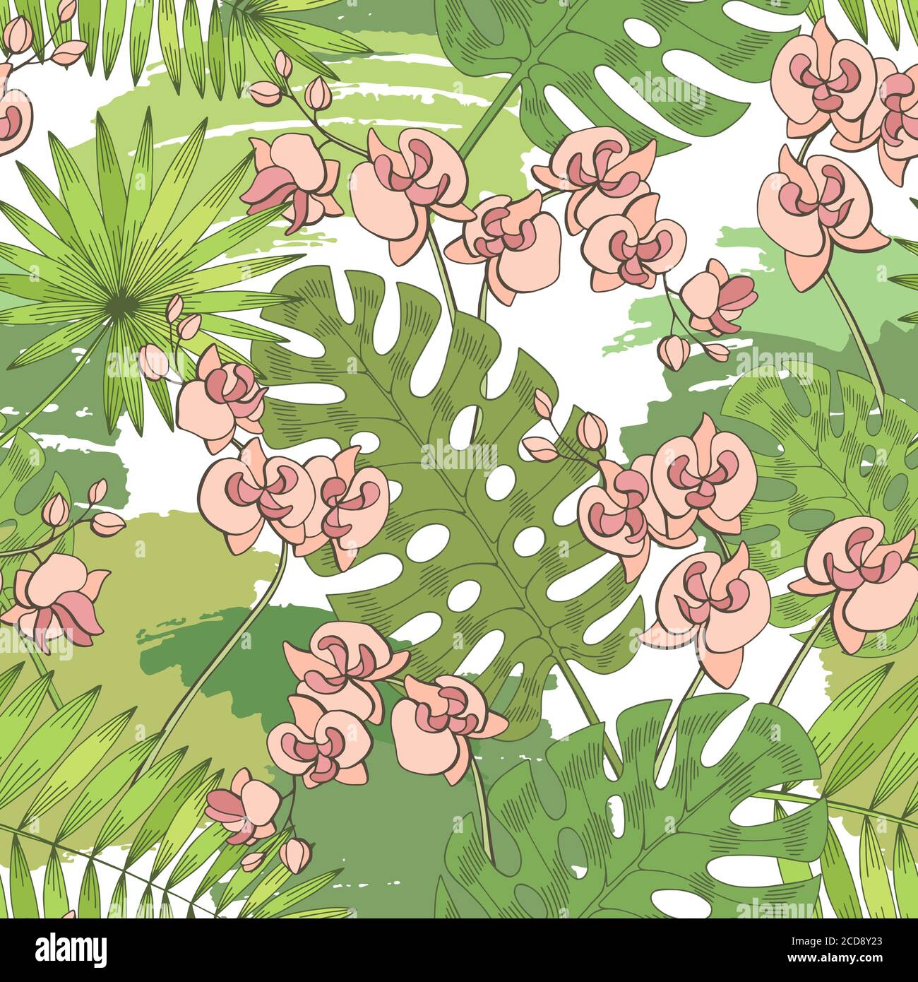 Orchidee Blume monstera Palmblatt Grafik grün rosa Farbe nahtlos Vektor für die Illustration der Hintergrundskizze Stock Vektor