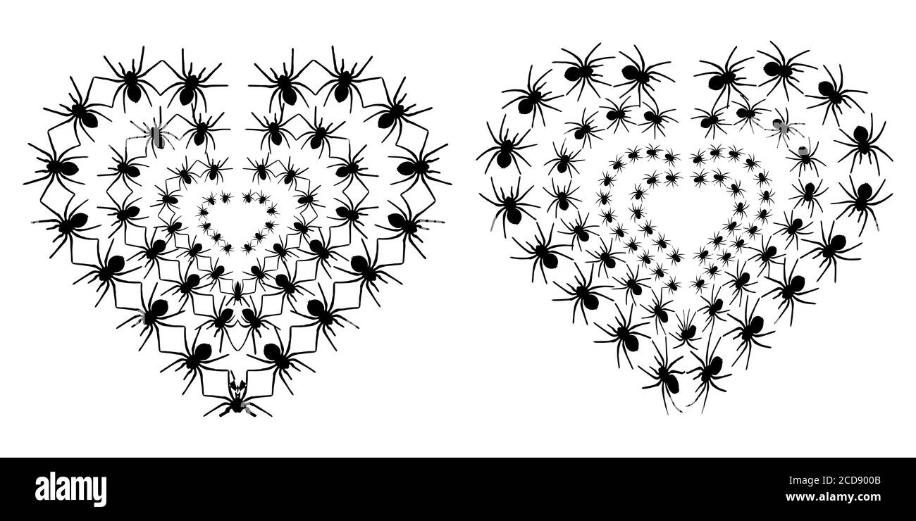 Schwarze Spinnen in Herzform. Schwarzes Herzmuster. Vektorgrafik Stock Vektor