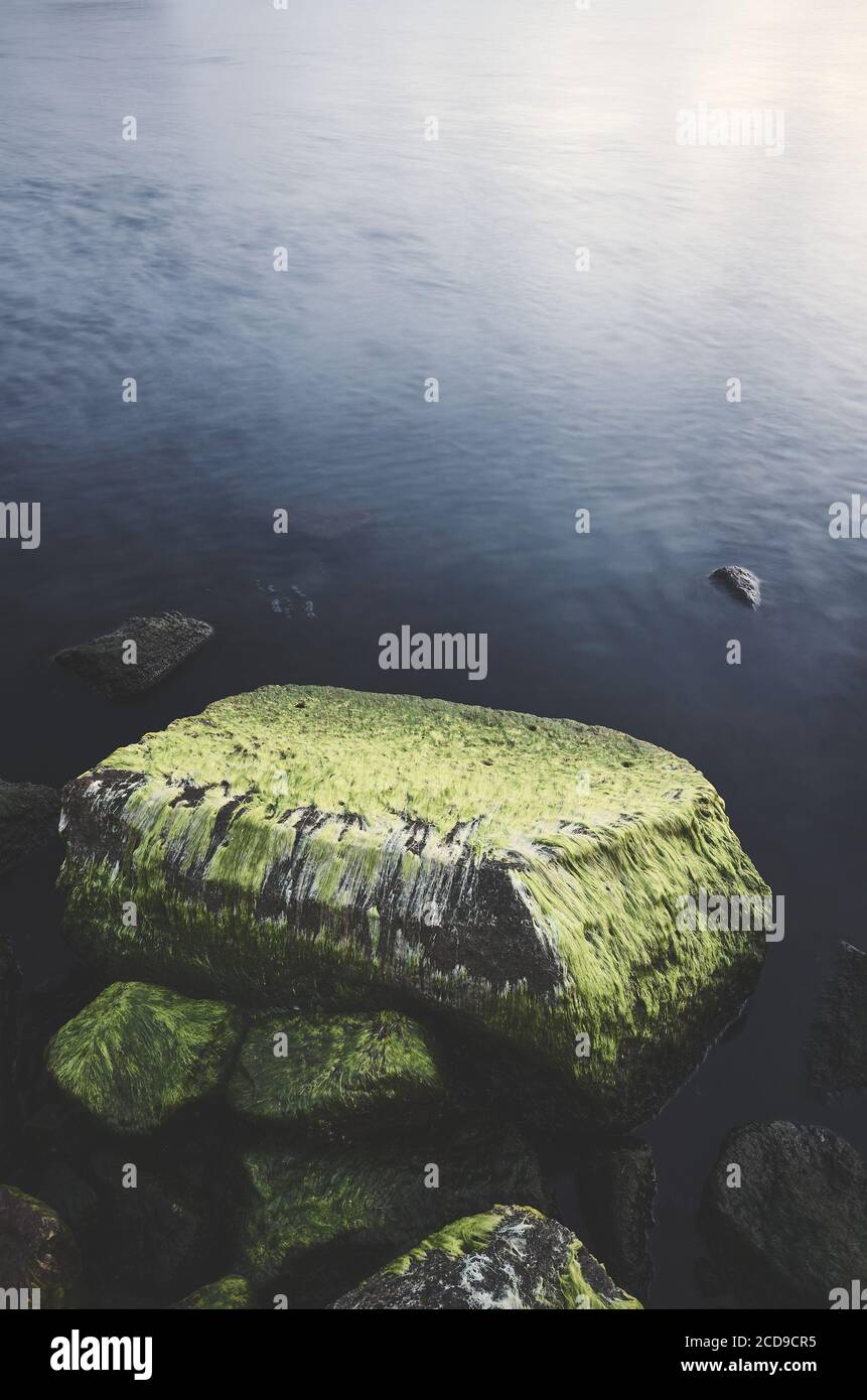 Steine mit grünen Algen im Wasser bedeckt, Langzeitbelichtung Bild. Stockfoto