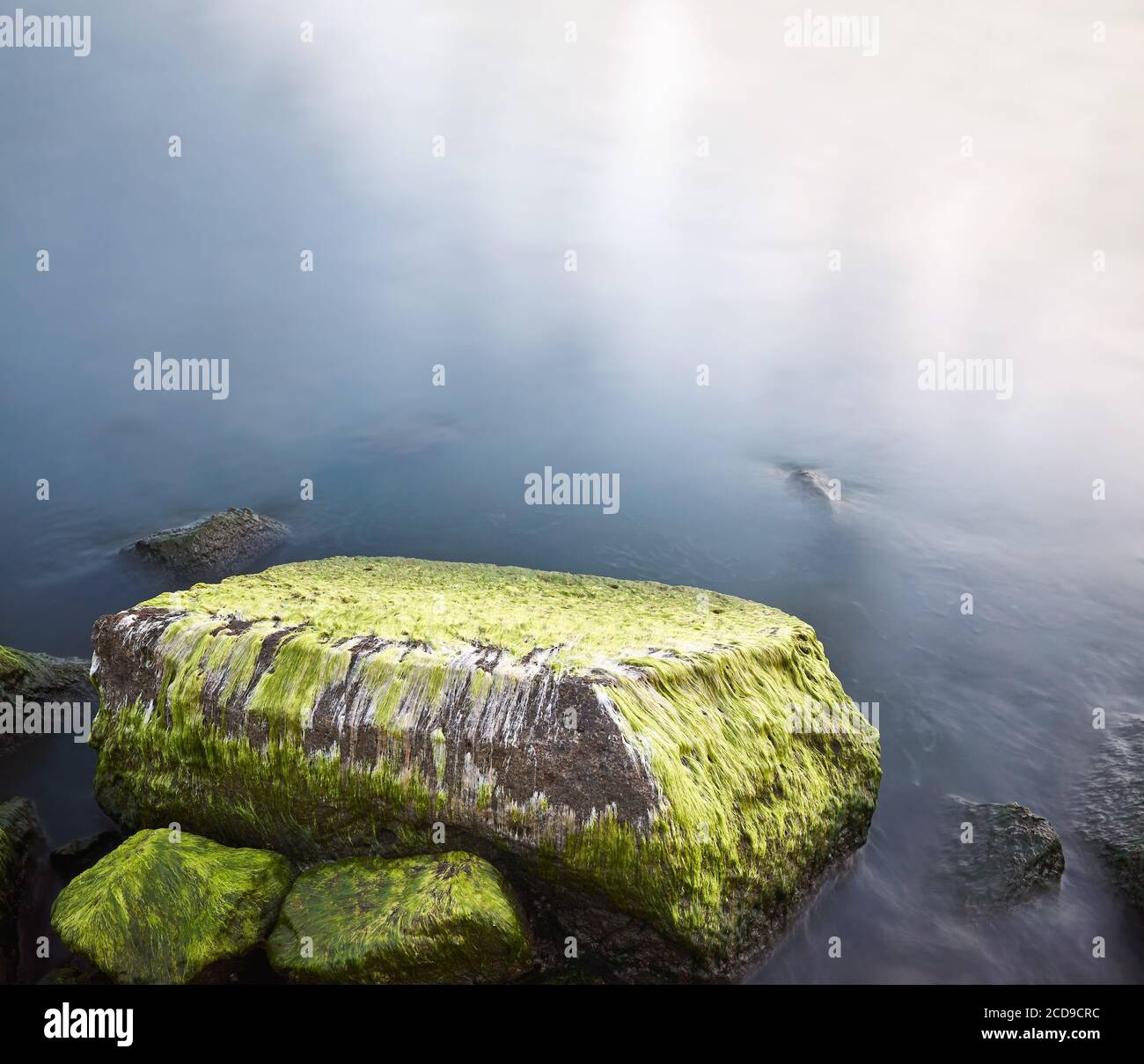 Steine mit grünen Algen im Wasser bedeckt, Langzeitbelichtung Bild. Stockfoto