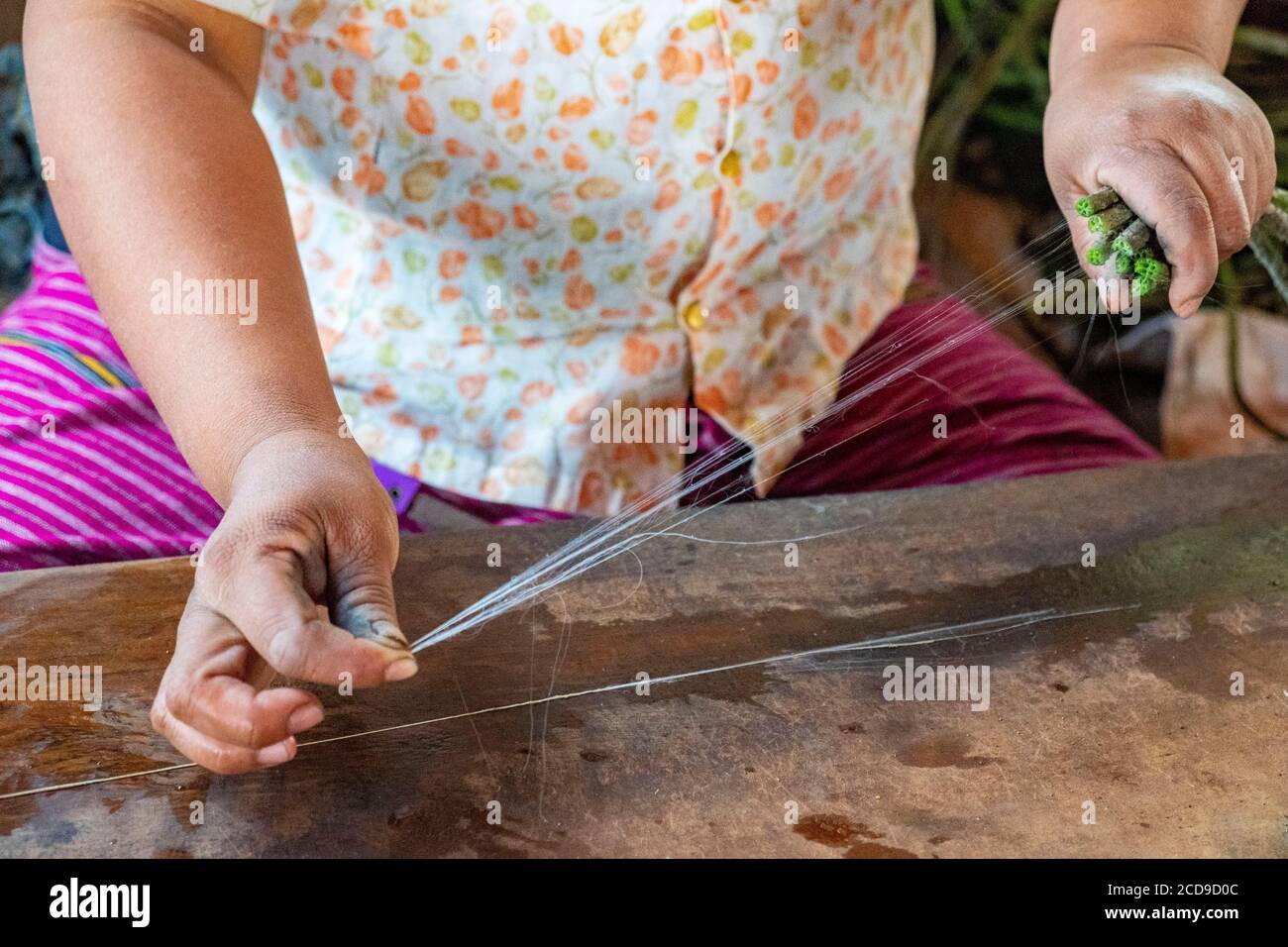 Myanmar (Burma), Shan State, Inle Lake, Weben in Lotus Garn Stockfoto