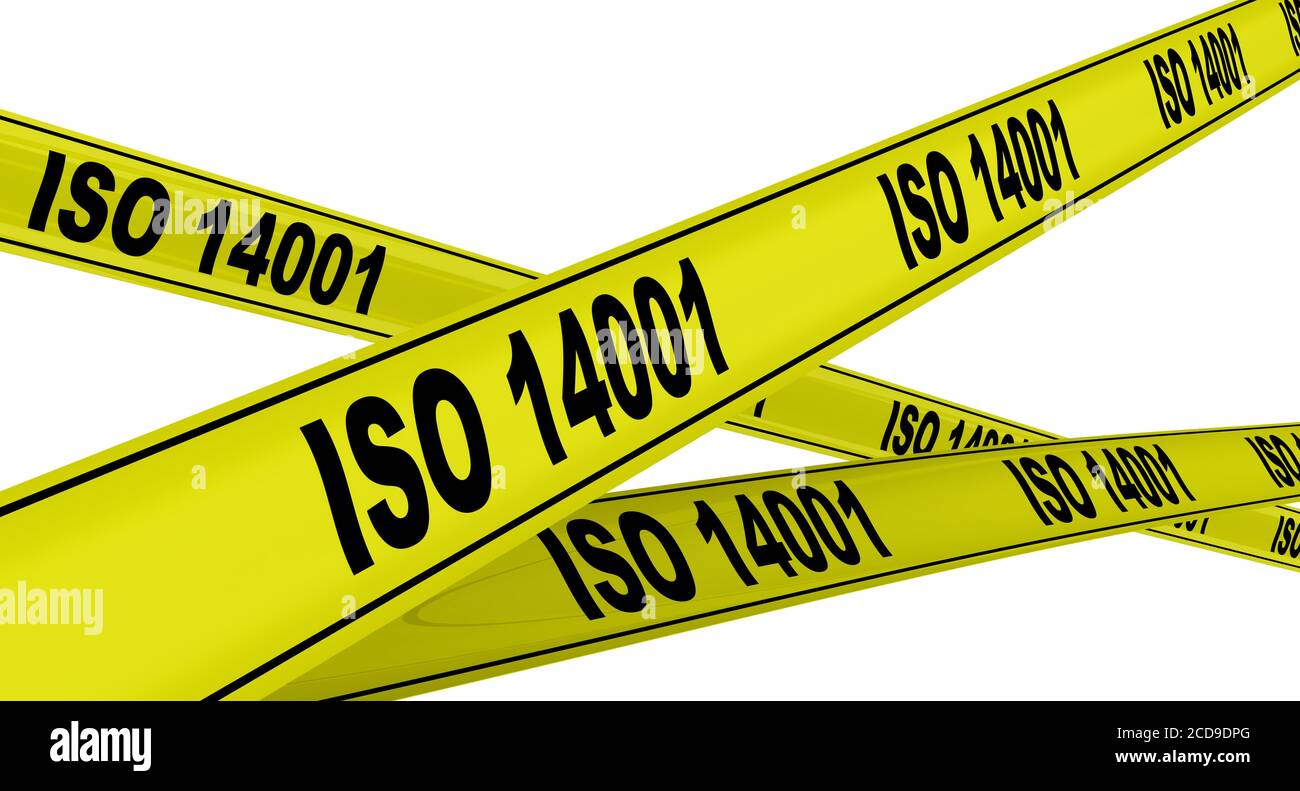 ISO 14001. Gelbe Warnbänder mit schwarzem Text ISO 14001. Isoliert. 3D-Illustration Stockfoto