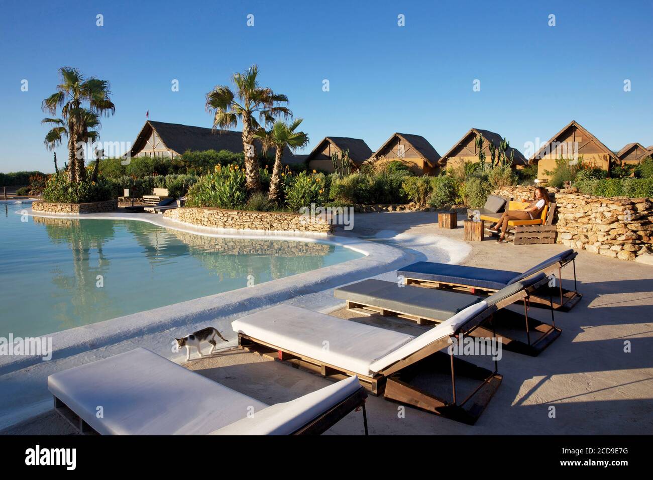 Marokko, Westsahara, Dakhla, Sonnenliegen vor dem Pool des West Point Hotels mit seinem tropischen Garten im Hintergrund Stockfoto