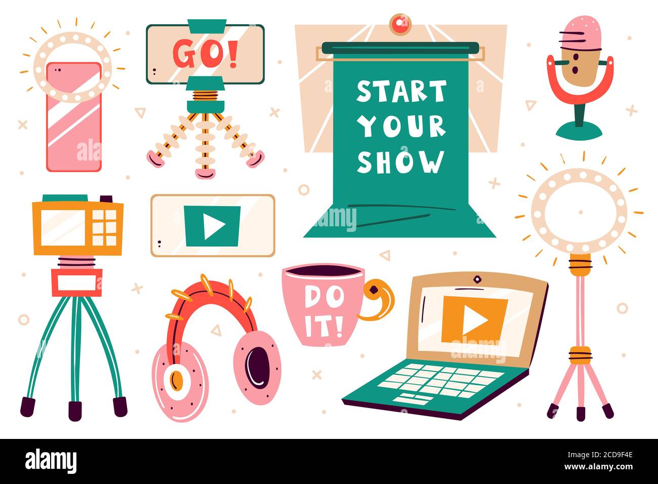 Starten Sie Ihr Show-Set. Blogger-Artikel. Laptop, Kamera, Stativ, Mikrofon, Kopfhörer, Chromakey, gelber Boden, Kaffeetasse. Tun Sie es. Flacher, farbenfroher Vektor Stock Vektor