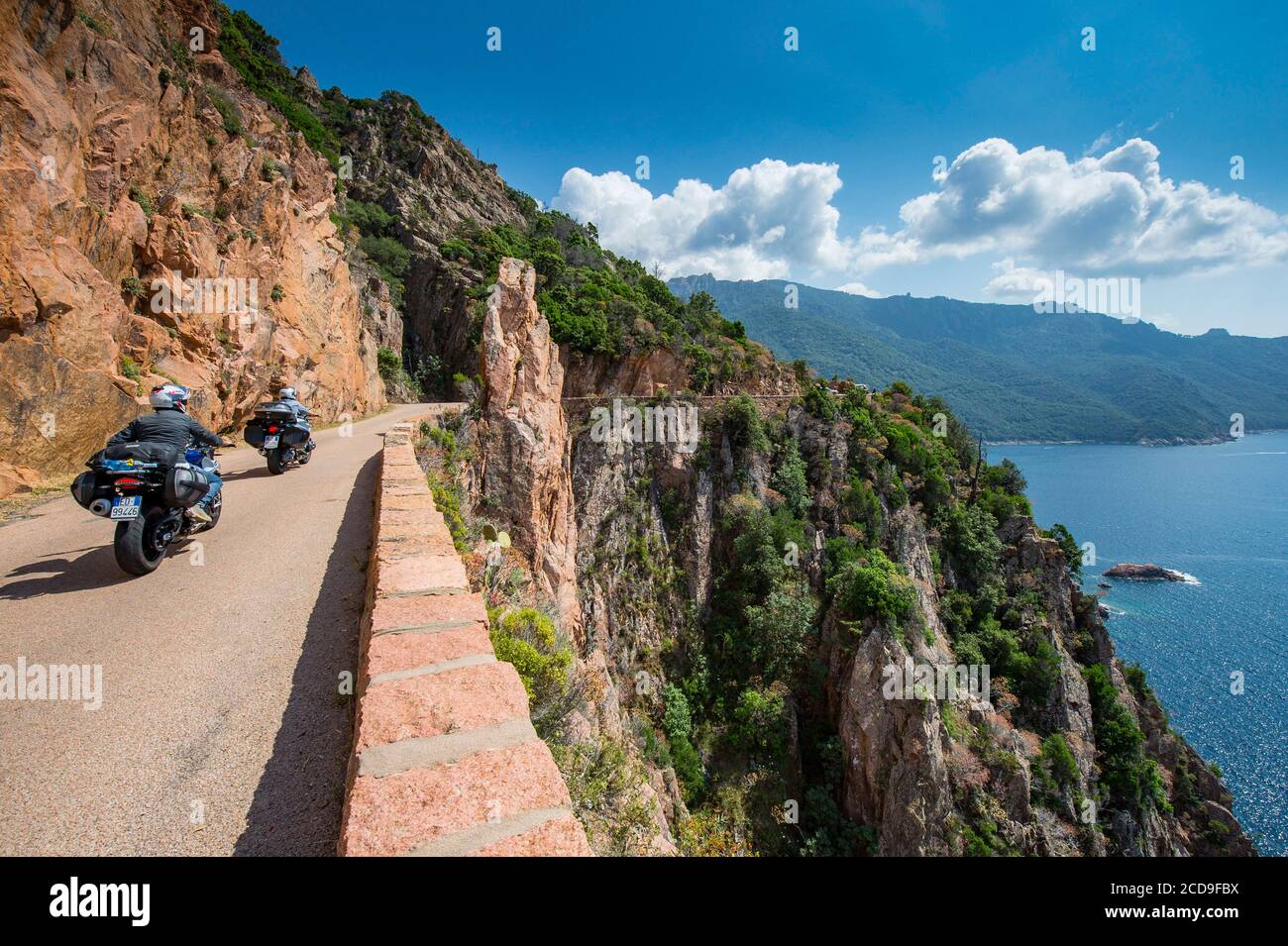 Frankreich, Corse du Sud, Porto, Golf von Porto die D81 Straße im Balkon führt durch die Buchten von Figa Baleri nördlich von Porto, die Aussicht ist atemberaubend 146 m über dem Meer Stockfoto