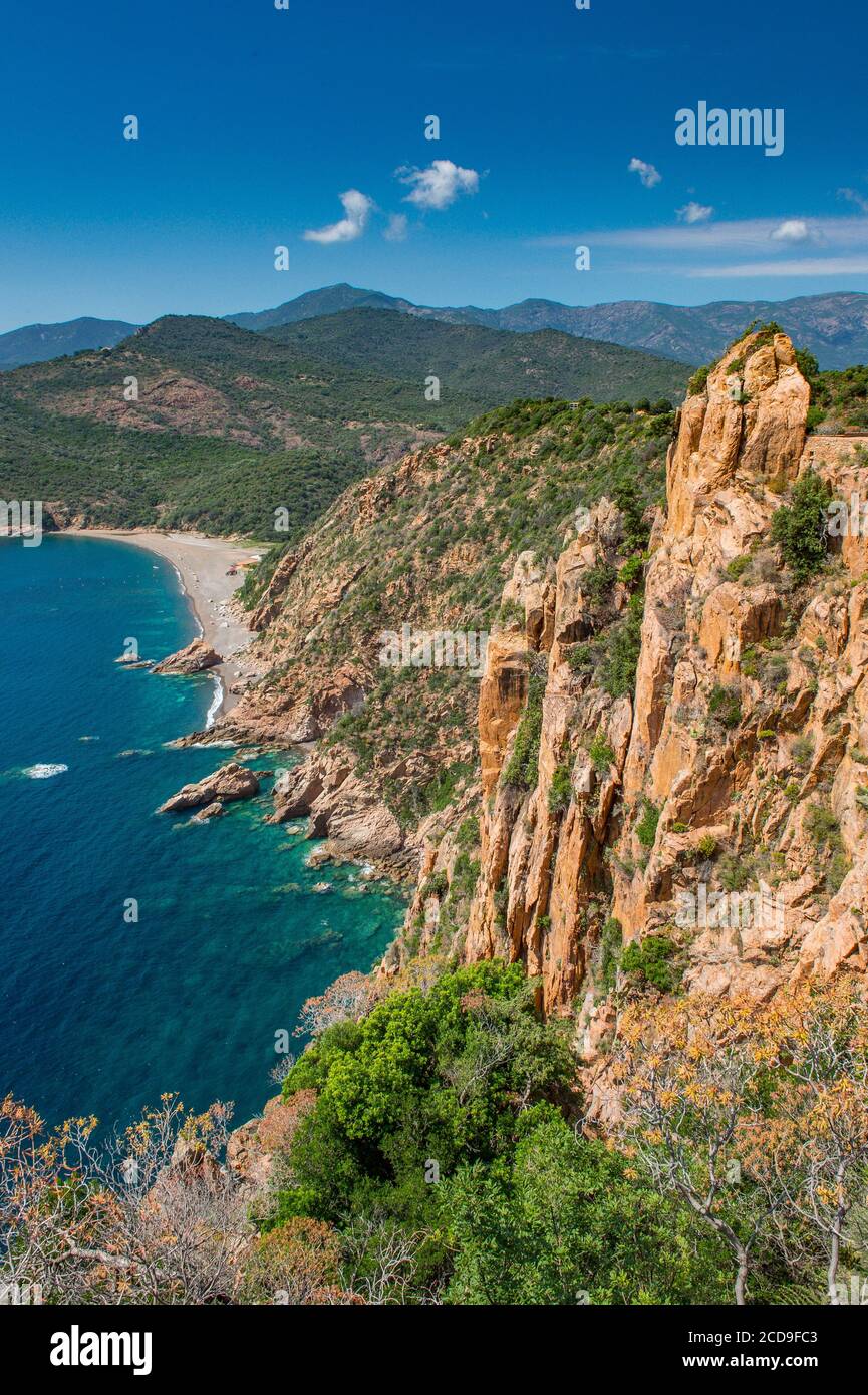 Frankreich, Corse du Sud, Porto, Golf von Porto als Weltkulturerbe der UNESCO, die Straße D81 in Balkon läuft die Calanches von Figari Baleri nördlich von Porto, die Aussicht ist atemberaubend 146 m über dem Meer und dem Strand und Naturgebiet von Bussaghia Stockfoto