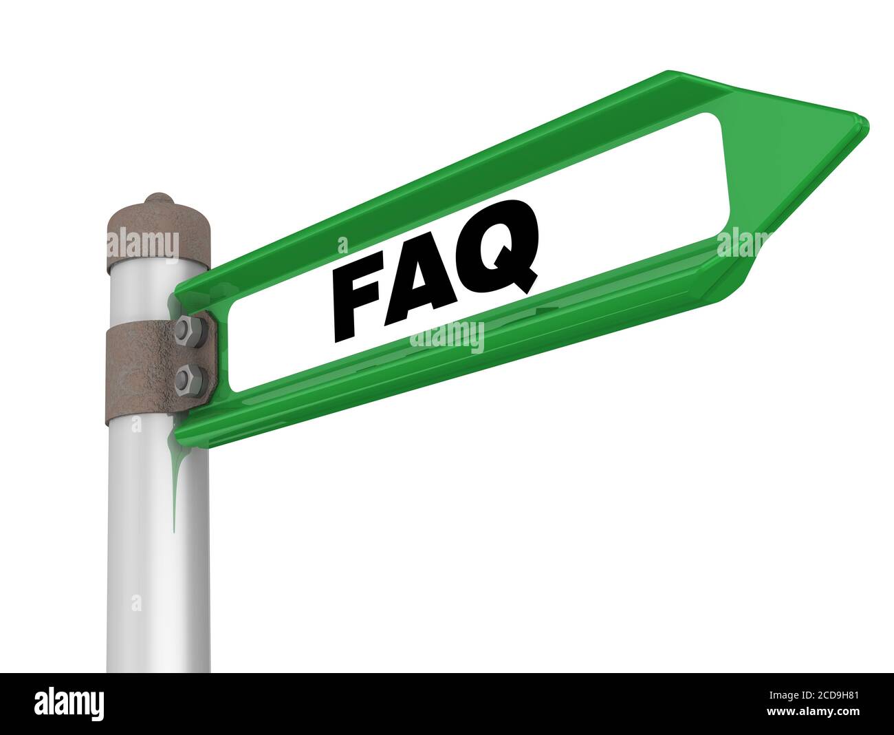 Häufig Gestellte Fragen. Grünes Straßenschild mit schwarzem Wort FAQ (Häufig gestellte Fragen). Isoliert. 3D-Illustration Stockfoto