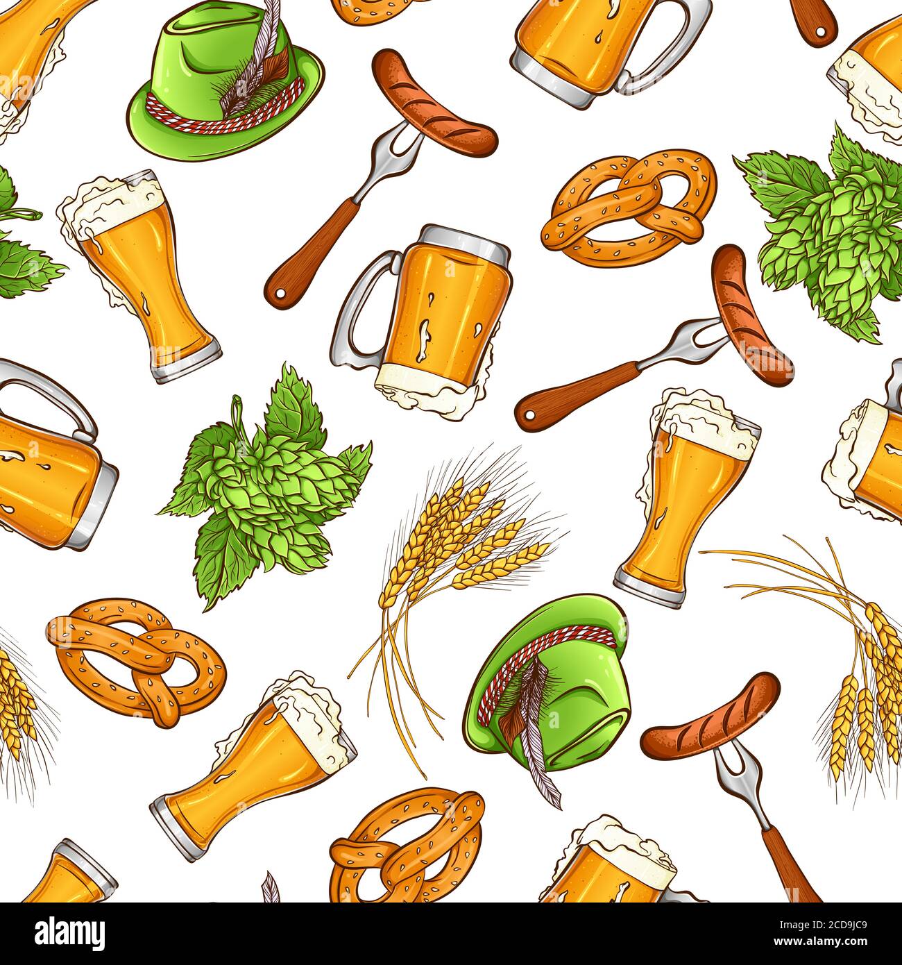 Vorlage zum Oktoberfest-Bierfest. Vektor-Illustration mit traditionellen Festival-Elemente Bier, Wurst, Brezeln, Hut, Hopfen.Nahtloses Muster isoliert auf weißem Hintergrund. Pub-, Restaurant-, Bar-Design Stock Vektor