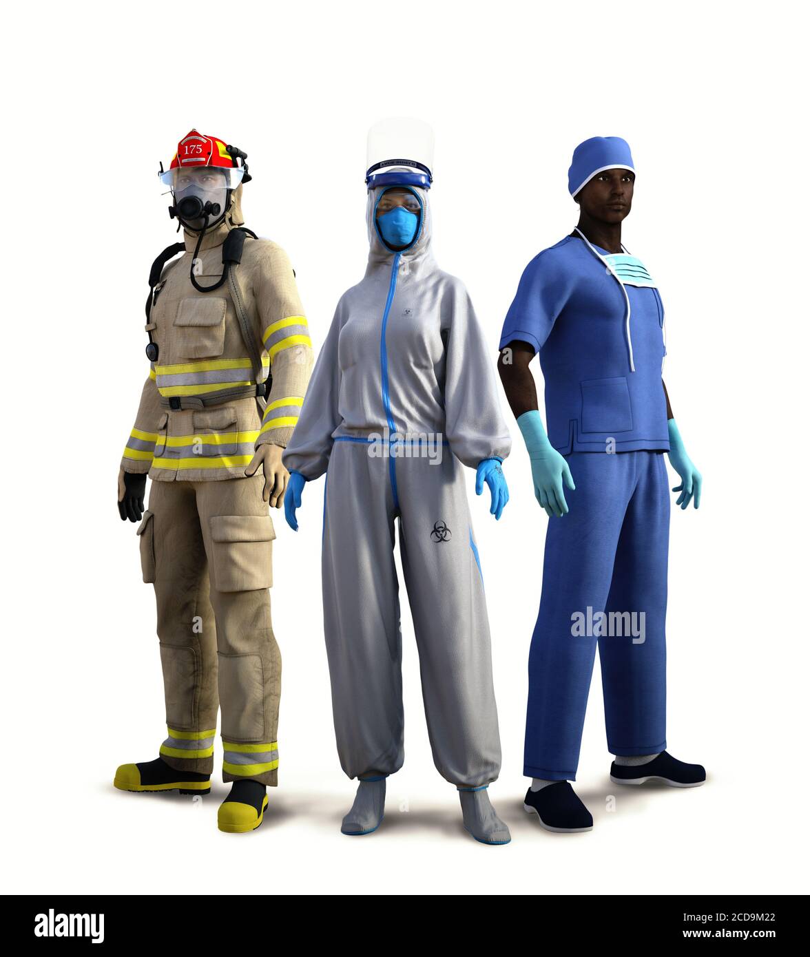 Mutige, essentielle Arbeiter riskieren ihr eigenes Leben, um unser Leben zu retten, Feuerwehrmann, Bio-Krankenschwester, Arzt auf weißem Hintergrund isoliert, bereit, Covid-19 zu bekämpfen Stockfoto