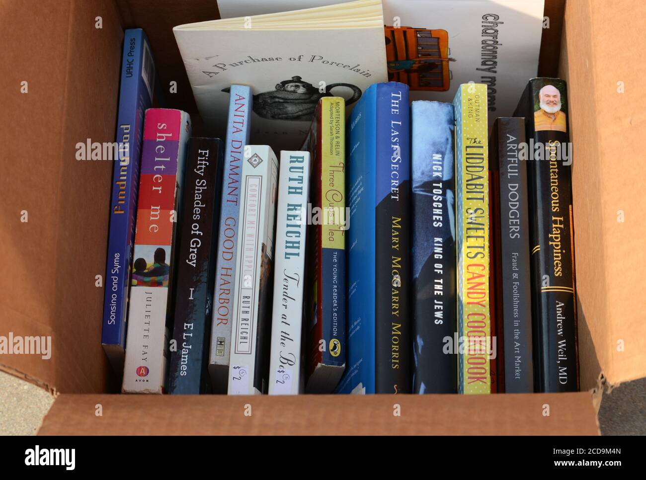 Eine Kiste Bücher zum Verkauf in einem Yard Sale in Santa Fe, New Mexico USA. Stockfoto