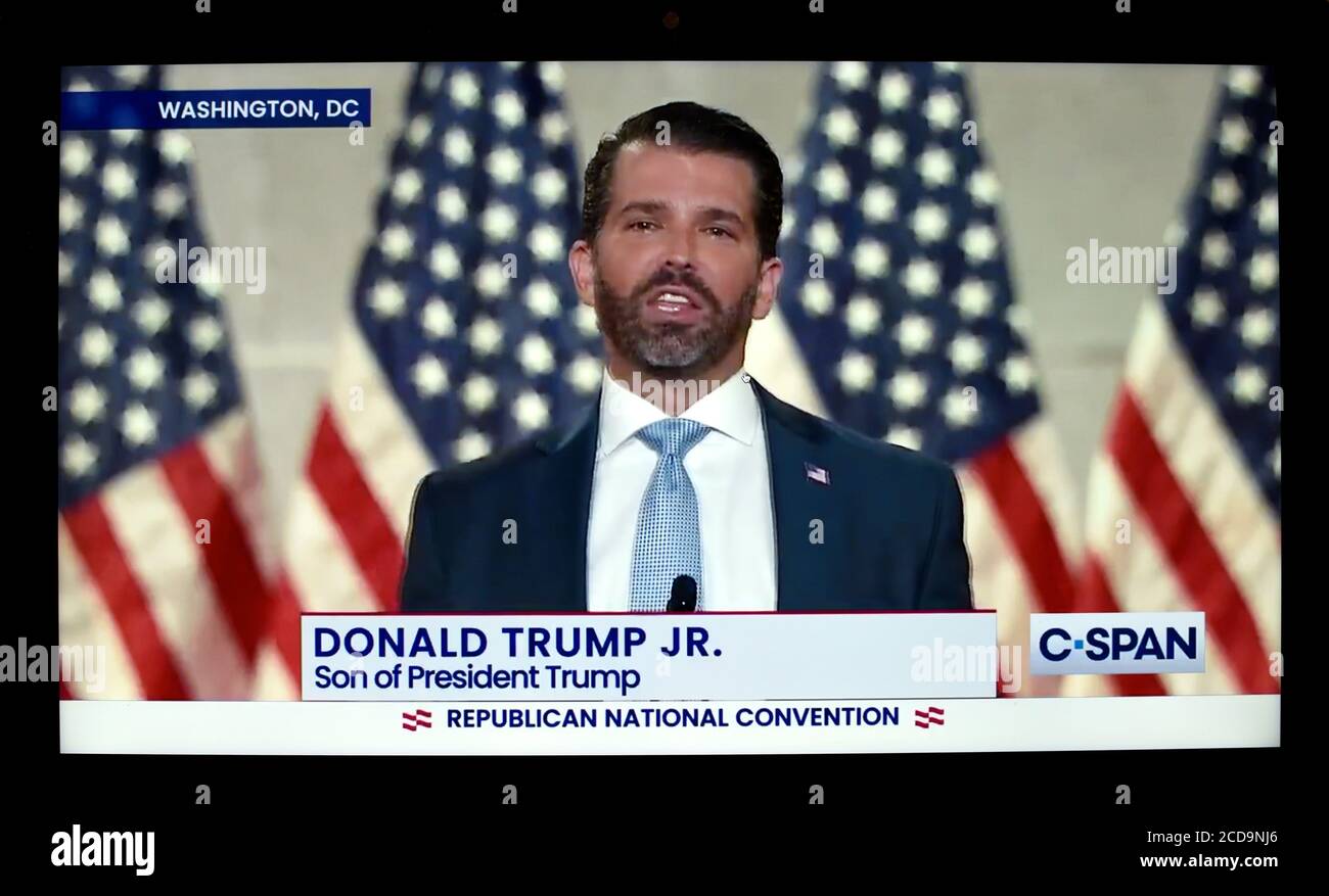 Ein C-SPAN-Screenshot von Donald Trump Jr., Sohn des US-Präsidenten, spricht bei der Republikanischen Nationalkonvent 2020. Stockfoto