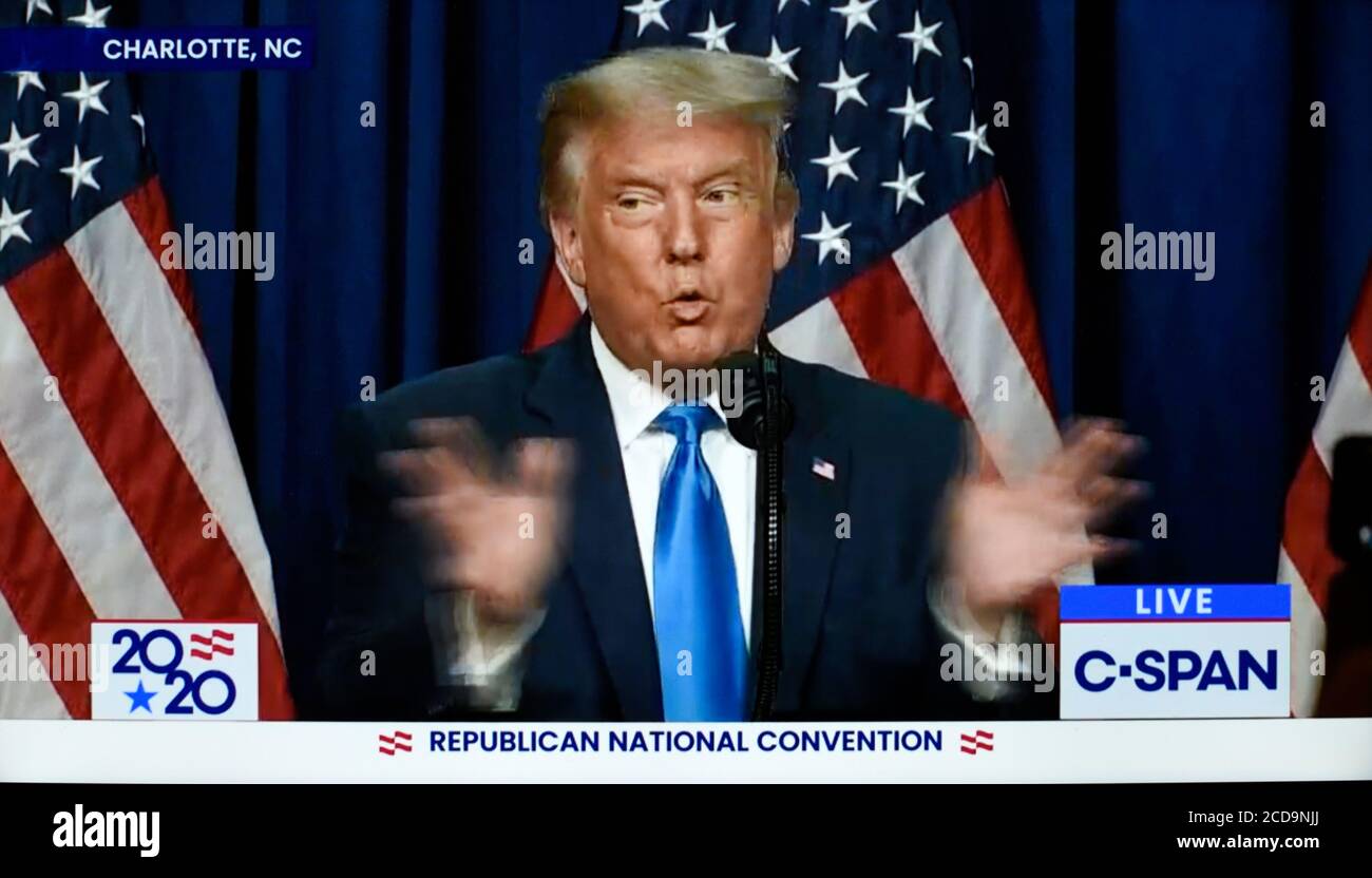 Ein CNN-Screenshot des US-Präsidenten Donald Trump spricht bei der Eröffnungsnacht der Republikanischen Nationalkonvent 2020 Stockfoto