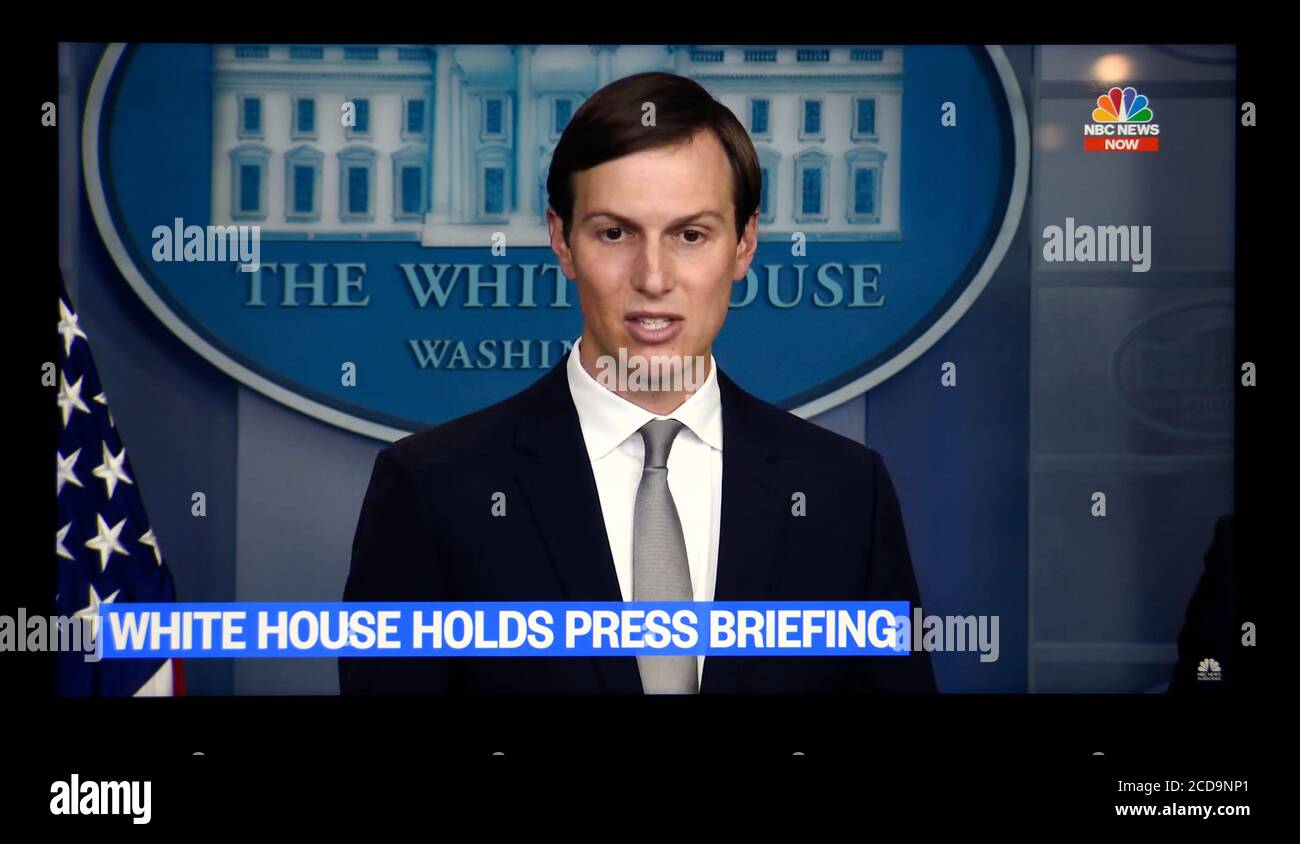 Ein NBC-TV-Screenshot von Jared Kushner, Senior Advisor des US-Präsidenten Donald Trump, bei einer Pressekonferenz im Weißen Haus. Stockfoto