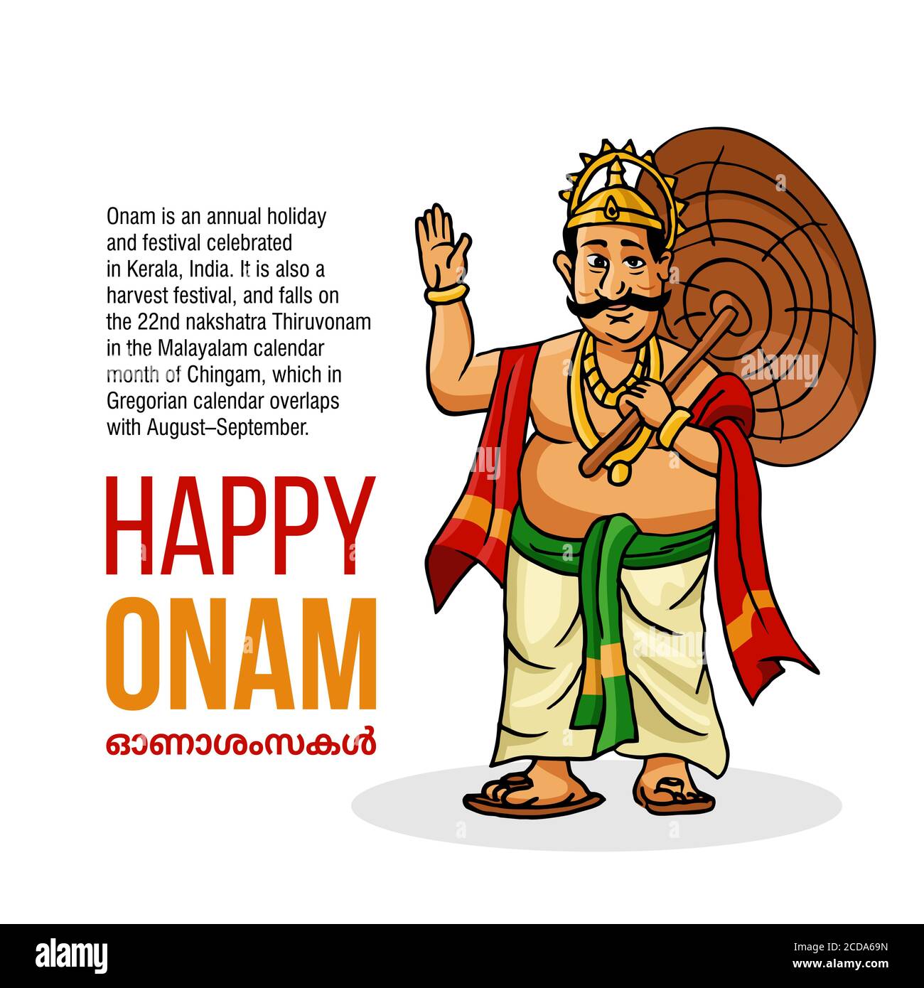 Kerala Onam Festival Mahabali auch kown Maveli in White Background Mit Happy Onam Stock Vektor