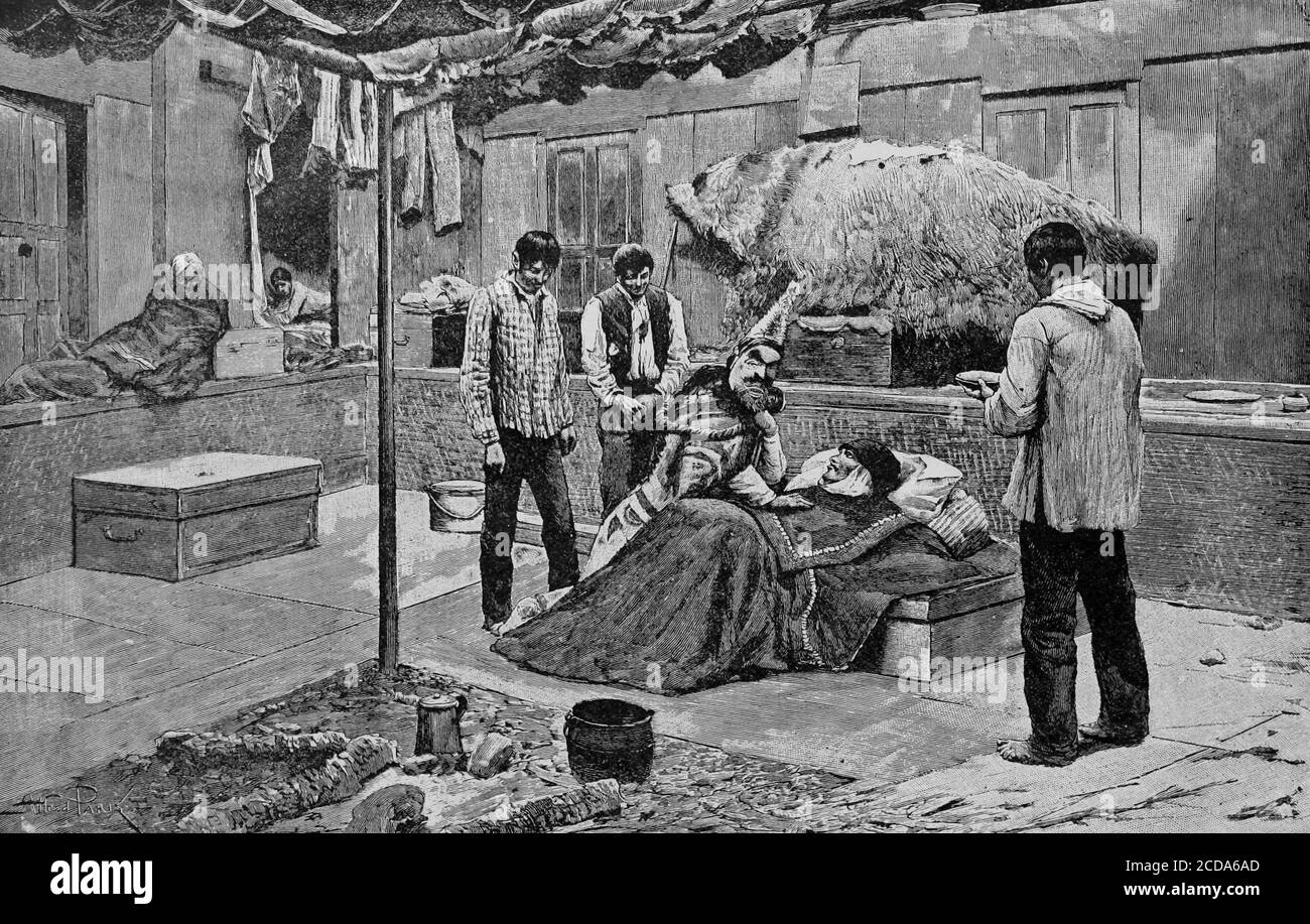 Illustration aus dem Buch "der Lehrer der Jugend" von George Quayle Cannon, mit einem Mann im Bett sterbend, umgeben von Einheimischen, veröffentlicht von George Q. Cannon, 1866. Courtesy Internet Archive. () Stockfoto