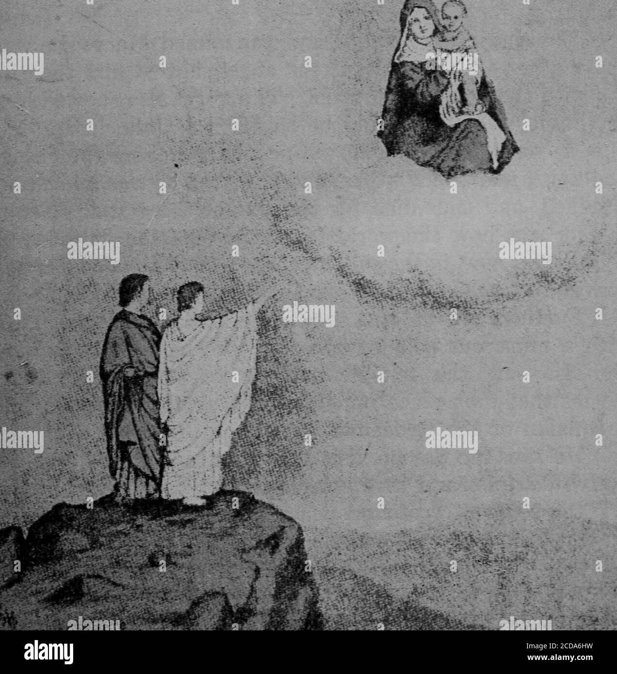 Illustration aus dem Buch "The Story of the Book of Mormon" von George Reynolds, mit einem Engel, der Nephi verschiedene Szenen zeigt, darunter die Jungfrau Maria mit dem Jesuskind in ihren Armen, herausgegeben von Zion's Printing and Publishing Co, 1888. Courtesy Internet Archive. () Stockfoto