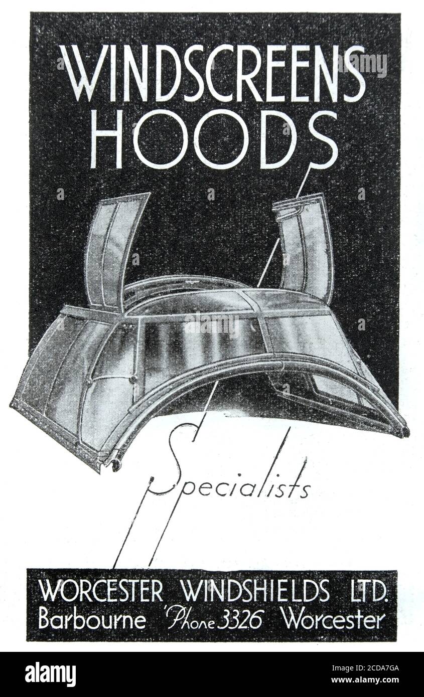 Vintage 1941 Anzeige für die britische Worcester Windshields Aerospace Company, Hersteller von Flugzeughauben, Fenster und Windschutzscheiben. Stockfoto