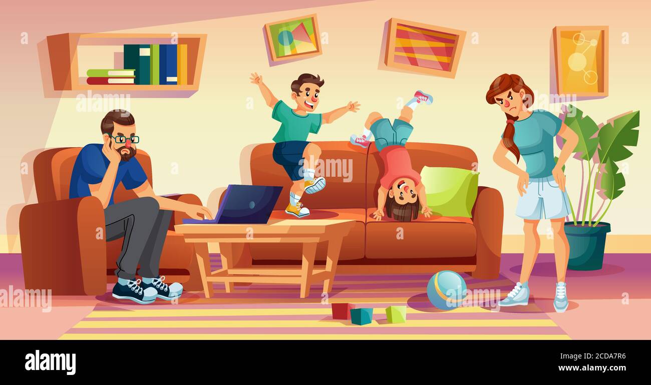 Verärgerte Mutter, verärgerter Vater, freche Kinder zu Hause Stock Vektor