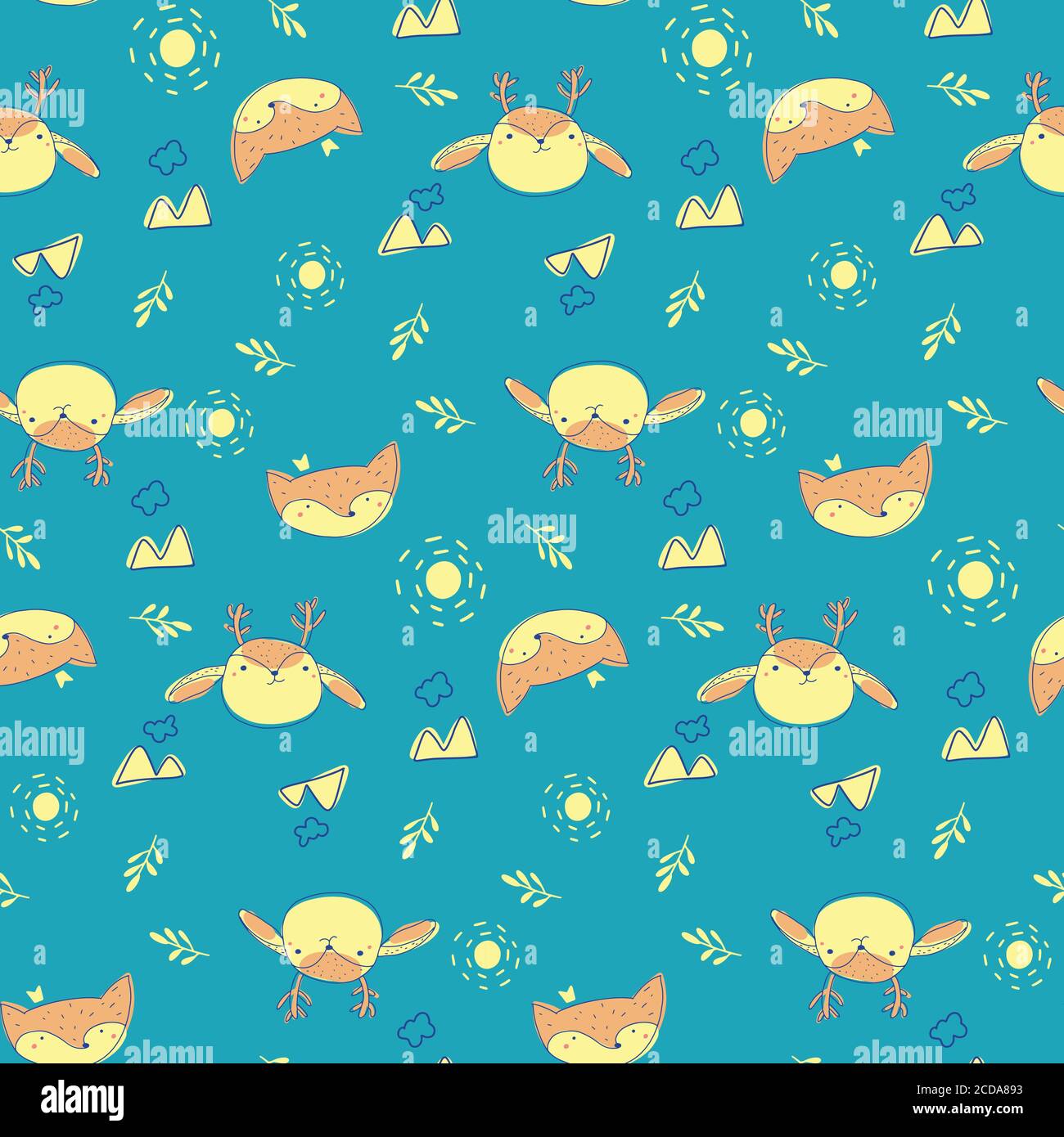 Cute Forest Tiere nahtlose Muster. Der Fuchs und der Hirsch. Scandinavian Cartoon Baby Hintergrund. Design für Stoff, Textil, Dekor. Doodle Vektorgrafik Stock Vektor