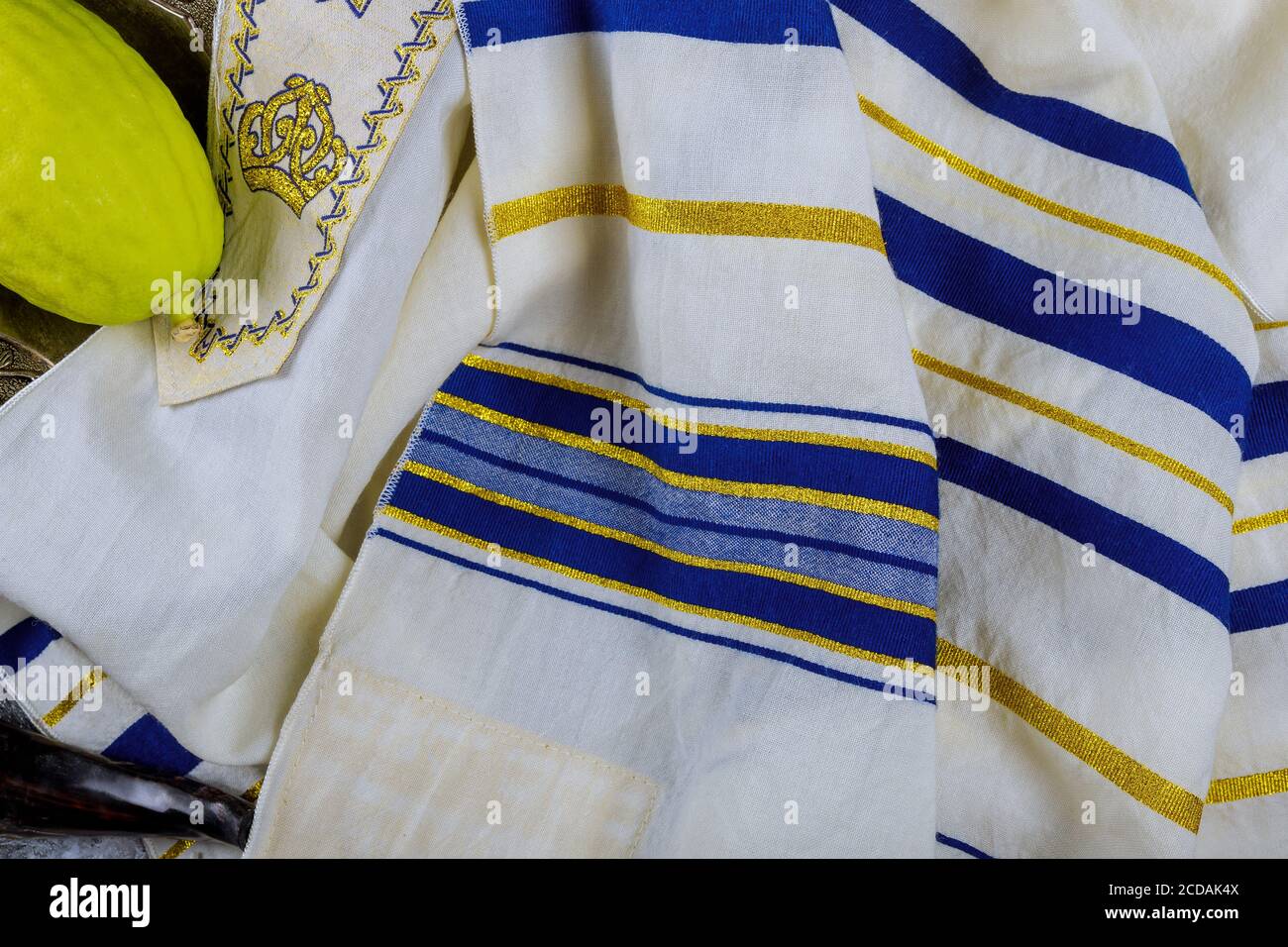 Traditionelle Symbole Jüdisches Fest von Sukkot mit tallit jüdischen Ritual Stockfoto