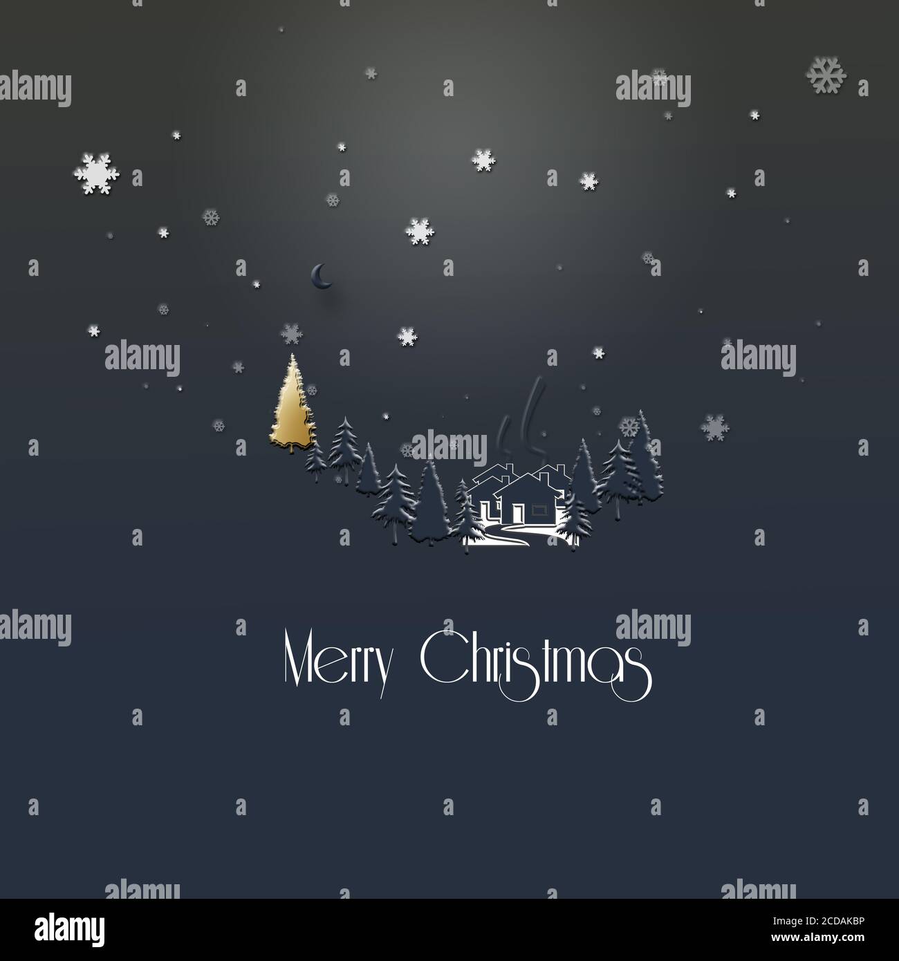 Schone Stilvolle Minimalistische Weihnachten 2021 Neujahr Winter Nacht Landschaft Mit Schneeflocken Hauser Tannen Gold Weihnachtsbaum Auf Dunkelblauem Hintergrund Frohe Weihnachten Text 3d Illustration Stockfotografie Alamy