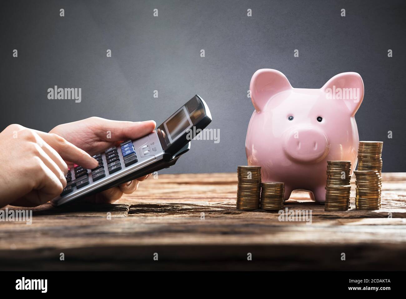 Sparschwein Geld Budget Stack Und Rechner. Mann, Der Arbeitet Stockfoto