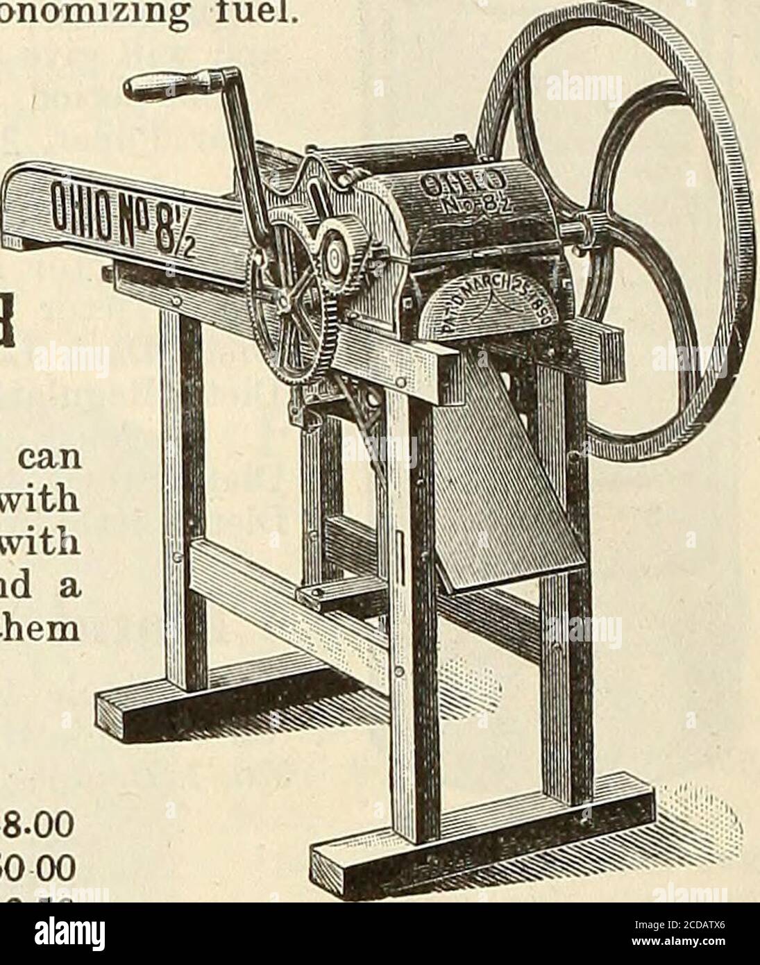 . Bolgiano Hauptstadt Stadt Samen : 1921 . Kapazität, Tonnen pro Stunde H. P. erforderlich, Benzin Länge der Messer (zwei) „ Gewicht, lbs., unmounted...- Gewicht, lbs., mounted   Soed empfohlen, 600 bis ^^^™800R.P.M. Nr. 60 275-00 € 5 bis 7 6 bis 8 11-Zoll 835 1,210 Nr. 90 295-00 € 7 bis 10 8 bis 1013-Zoll 9001,260 Pour Schnittlängen, 7-16,916, 1 und y2 Zoll. Riemenscheibe, abgedeckt, normal, 10-ineh Durchmesser x 6-Zoll-Fläche. Nr. 805 - LKW für Montage über Maschinen; Gewicht 360lbs., 67.00 € 7-Zoll-Verzinkter BlowerPipe, mit Stahlflansch Jointsfür Nr. 60 und 90 - Furnishedin 4, 5, .6 und 10 Fuß Längen.Gewicht, pro foo Stockfoto