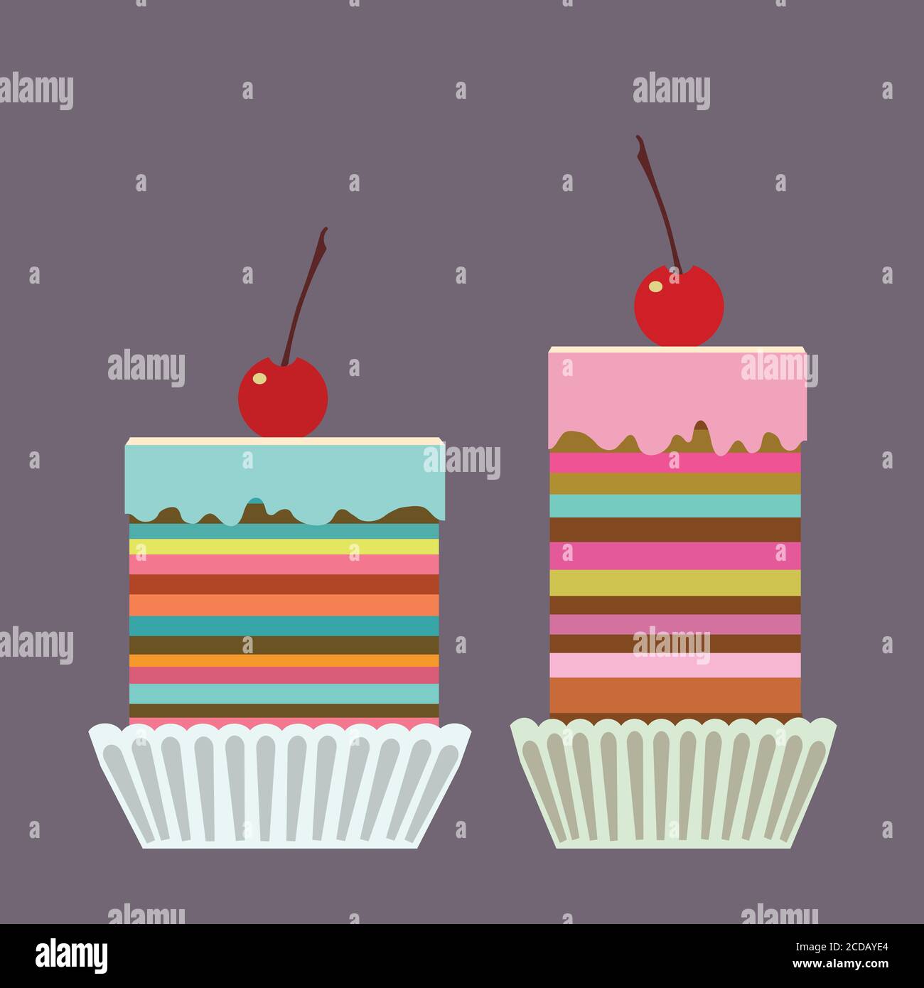 Set von leckeren cremigen Kuchen mit Kirschen. Stock Vektor